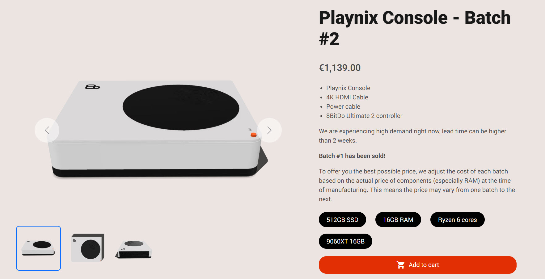 The image features the Playnix Console - Batch #2 priced at €1,139 with specifications of '512GB SSD,' '16GB RAM,' and 'Ryzen 6 cores,' including accessories such as a 4K HDMI cable and 8BitDo Ultimate 2 controller.