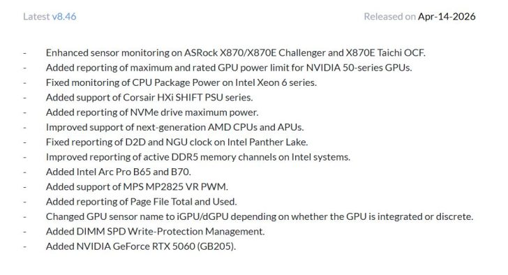 A software update log for version 'v8.46' released on 'Apr-14-2026' details enhancements for ASRock X870/X870E Challenger and X870E Taichi OCF, added support for NVIDIA GeForce RTX 5060 (GB205), and various other hardware improvements.