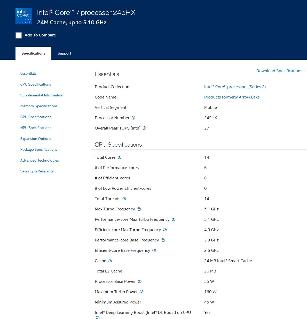 The image shows the specifications page for the Intel Core 7 processor 245HX with '24M Cache, up to 5.10 GHz' featuring 14 cores and a 5.1 GHz max turbo frequency.