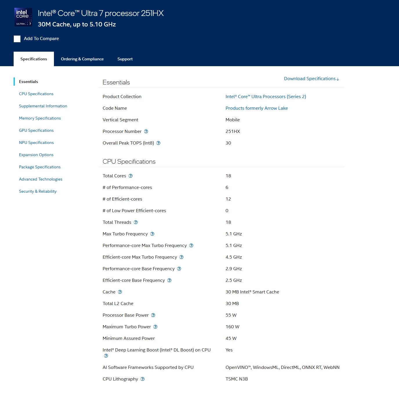 La fiche technique de l’Intel Core Ultra 7 251HX mentionne 30 Mo de cache, une fréquence Turbo maximale de 5,1 GHz et 18 cœurs au total.