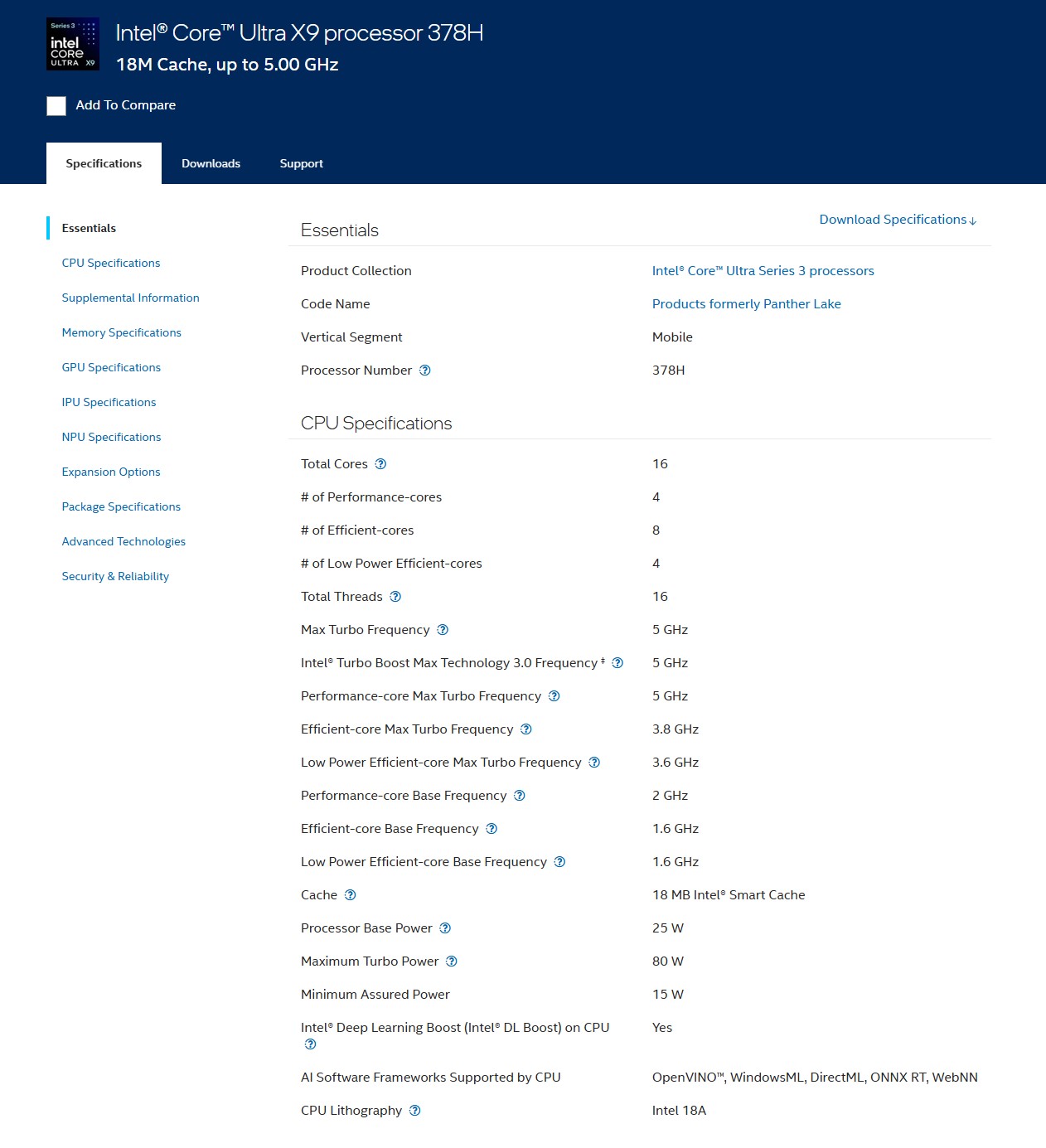 The image shows the specifications page for the Intel® Core™ Ultra X9 processor 378H, featuring 16 total cores, 18 MB Intel® Smart Cache, and a maximum turbo frequency of 5 GHz.