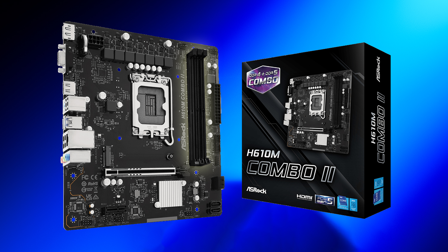 Carte mère ASRock H610M Combo II et son emballage, mention 'DDR4 + DDR5 COMBO'.