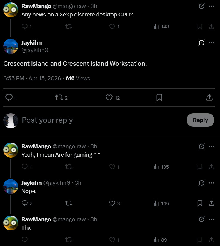 A Twitter conversation where user RawMango asks for updates on an Xe3p discrete desktop GPU, and Jaykihn replies with Crescent Island and Crescent Island Workstation, followed by further exchanges about Arc for gaming.