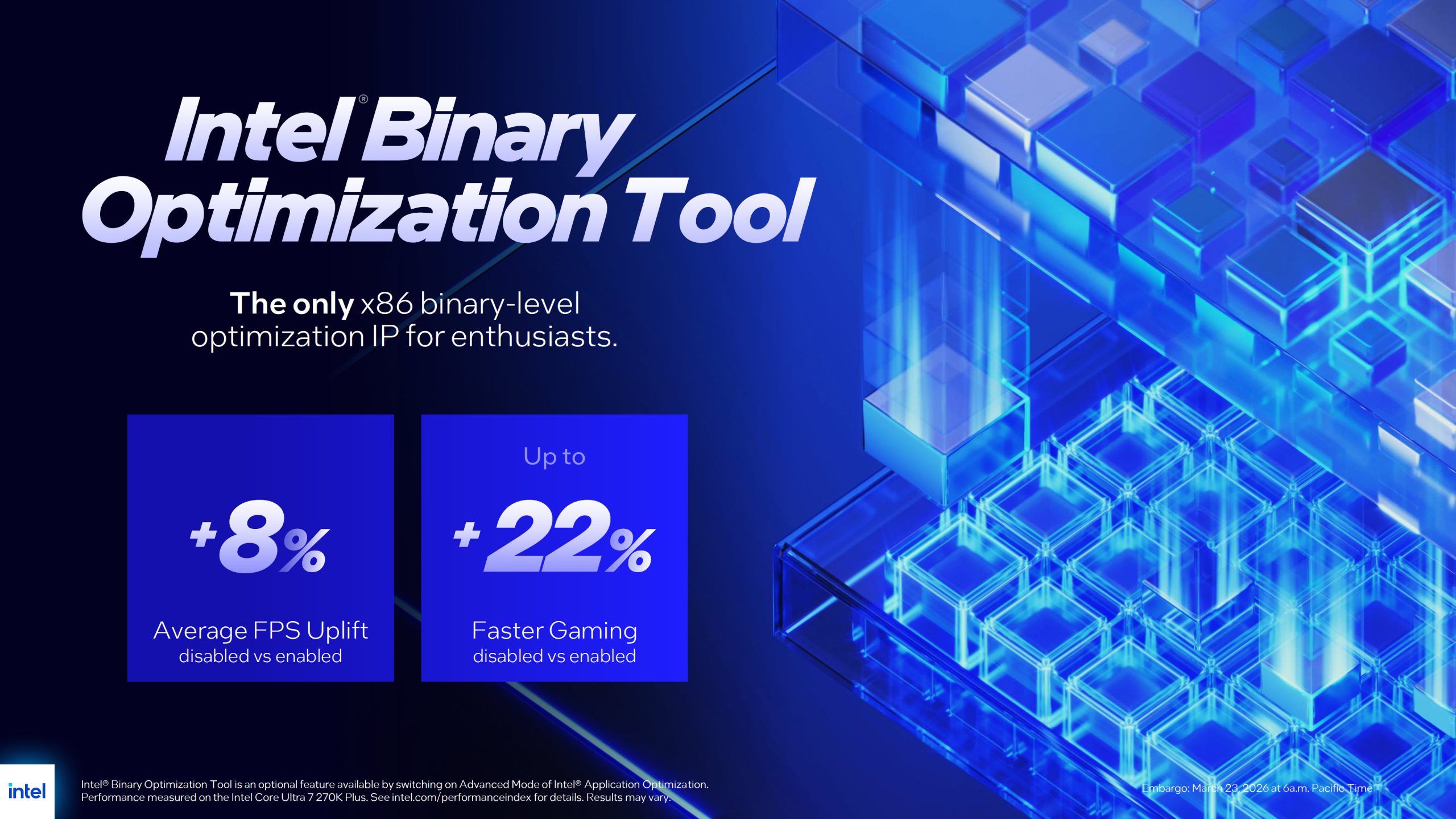 An image showcasing the 'Intel Binary Optimization Tool' with claims of '+8% Average FPS Uplift' and 'Up to +22% Faster Gaming' performance enhancements on a technical background.