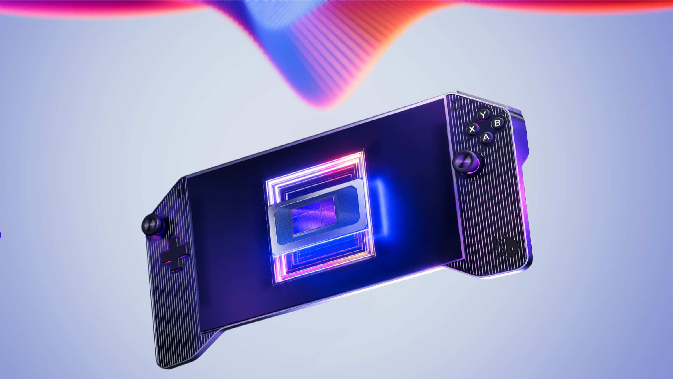 A handheld gaming console with a glowing, central chip design, featuring a D-pad on the left and buttons labeled 'A,' 'B,' 'X,' 'Y' on the right, against a gradient background.