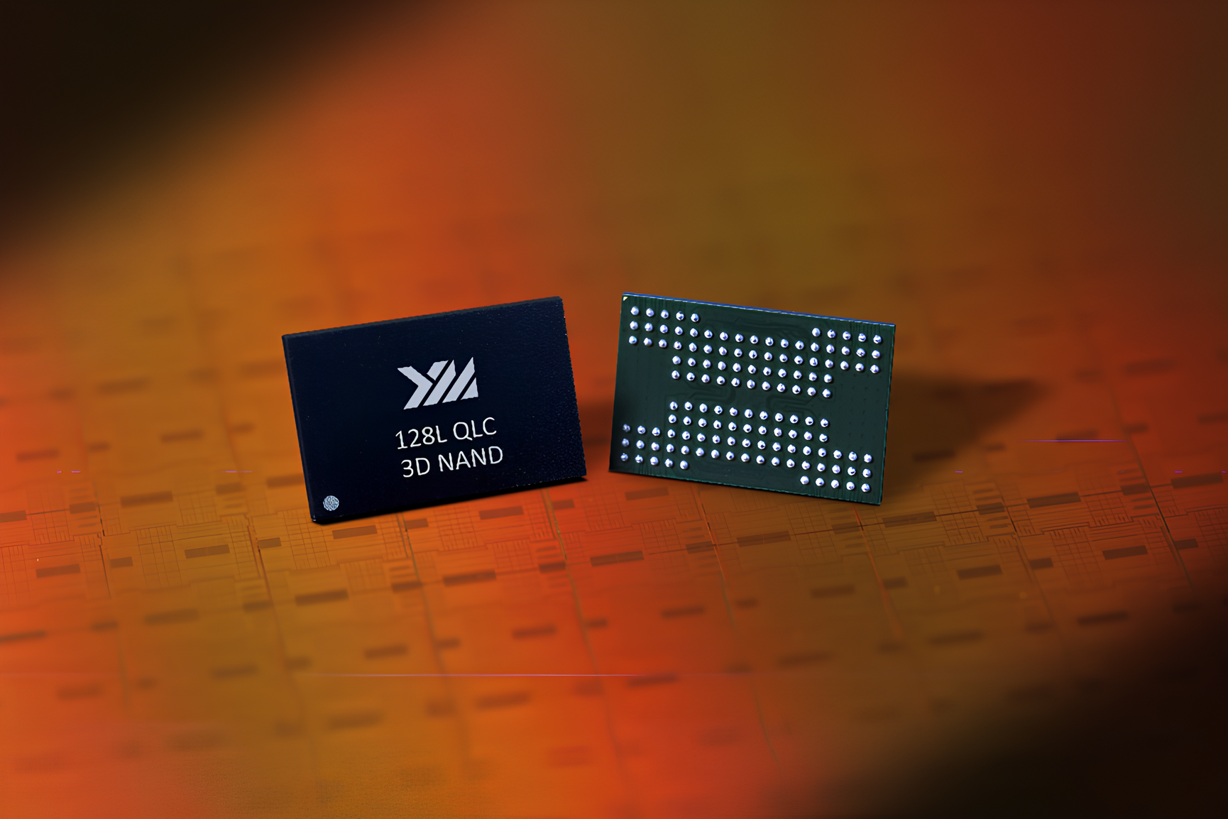 YMTC 128L QLC 3D NAND chip resting on an orange circuit pattern background.