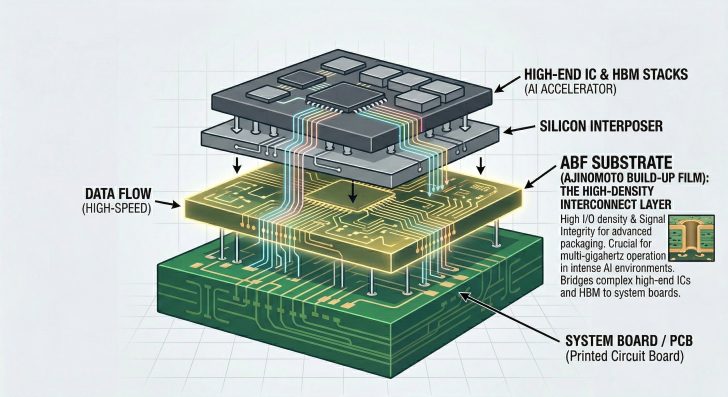 Un schéma illustre une pile en couches : « High-End IC & HBM Stacks », « Silicon Interposer », « ABF Substrate » et « System Board / PCB », avec un « Data Flow (High-Speed) » pour l’emballage avancé en environnement IA.