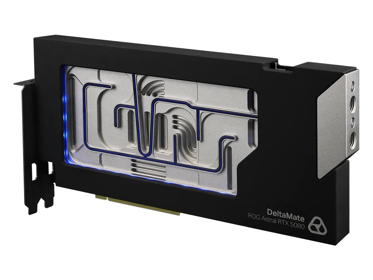 Le bloc DeltaMate pour la ROG Astral RTX 5080 arbore un design de watercooling transparent avec des canaux bleus visibles.