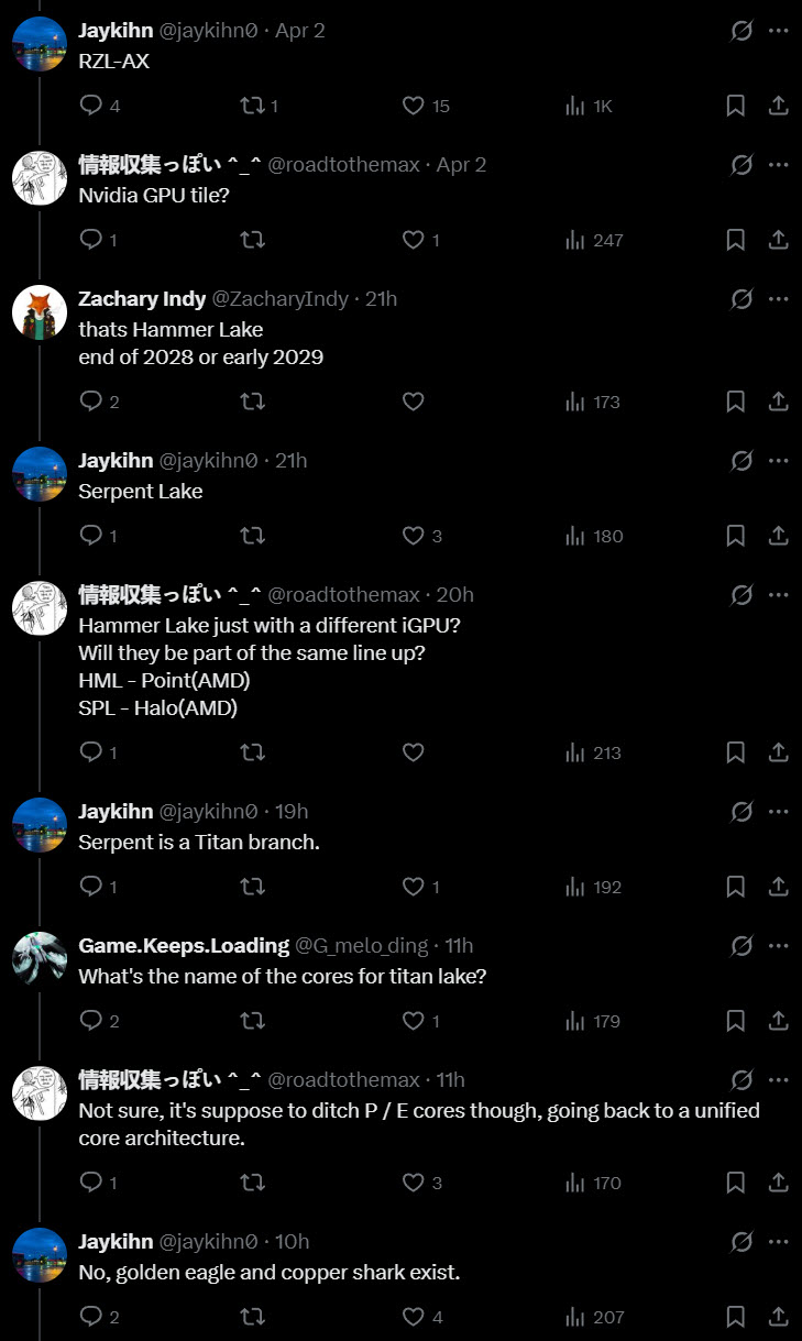 A Twitter conversation showing discussions about 'RZL-AX,' 'Hammer Lake,' 'Serpent Lake,' and future GPU architecture, mentioning Titan branch and core names like 'golden eagle' and 'copper shark.'