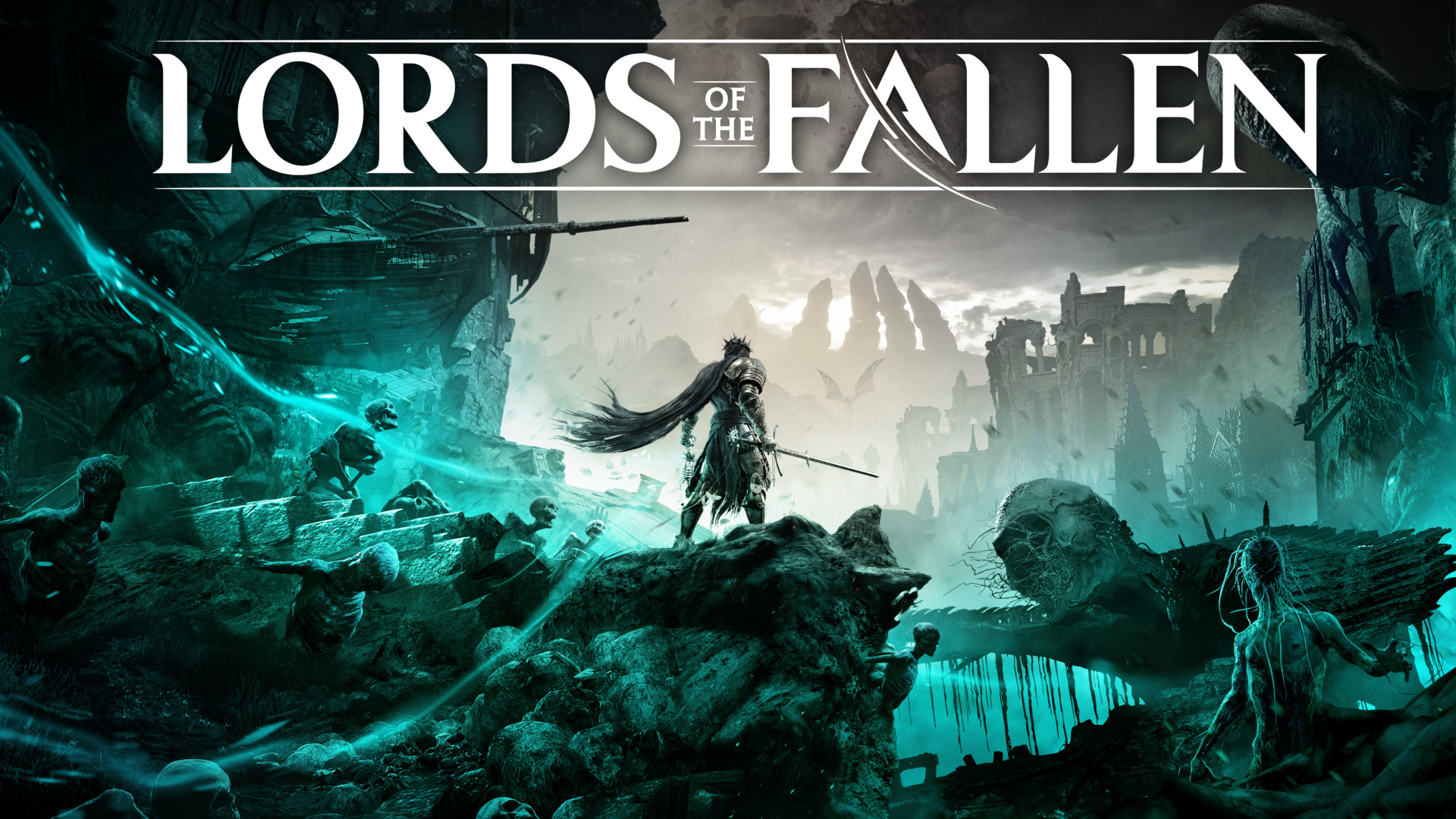 Artwork for the game 'Lords of the Fallen' featuring a warrior standing on a mound surrounded by ruins and skeletal figures.