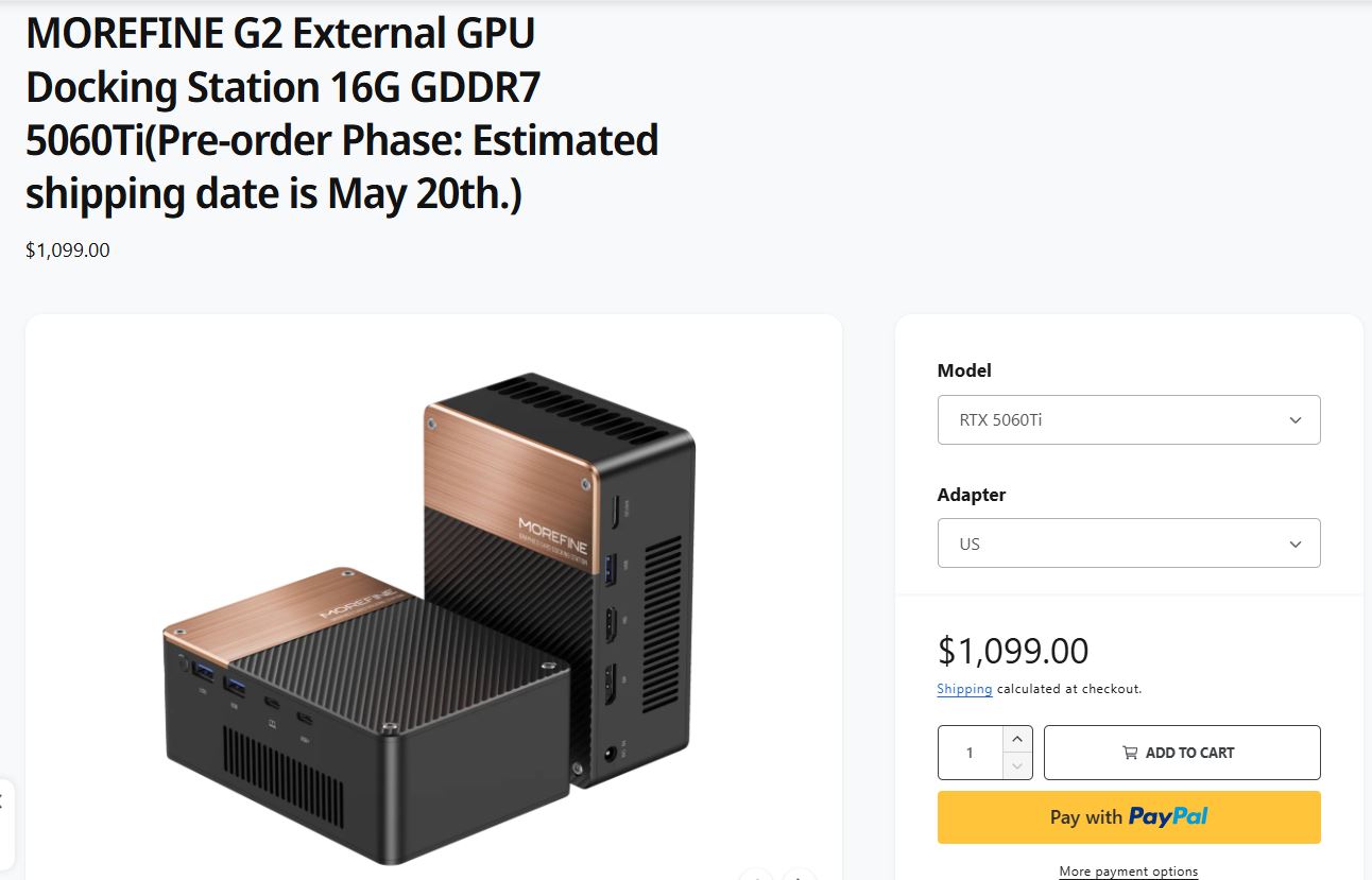 La station d’accueil eGPU MOREFINE G2 avec 16 Go de GDDR7 est en précommande en version RTX 5060 Ti, au prix de 1 099,00 €.