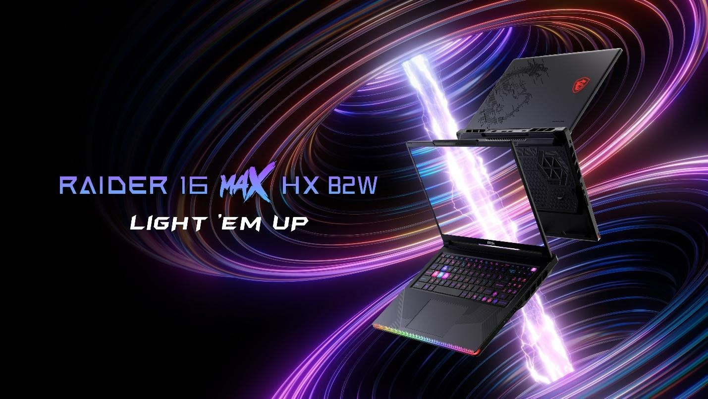 The image shows an MSI Raider 16 Max HX B2W gaming laptop with vibrant RGB lighting effects and the text 'Light 'em up' beside it.