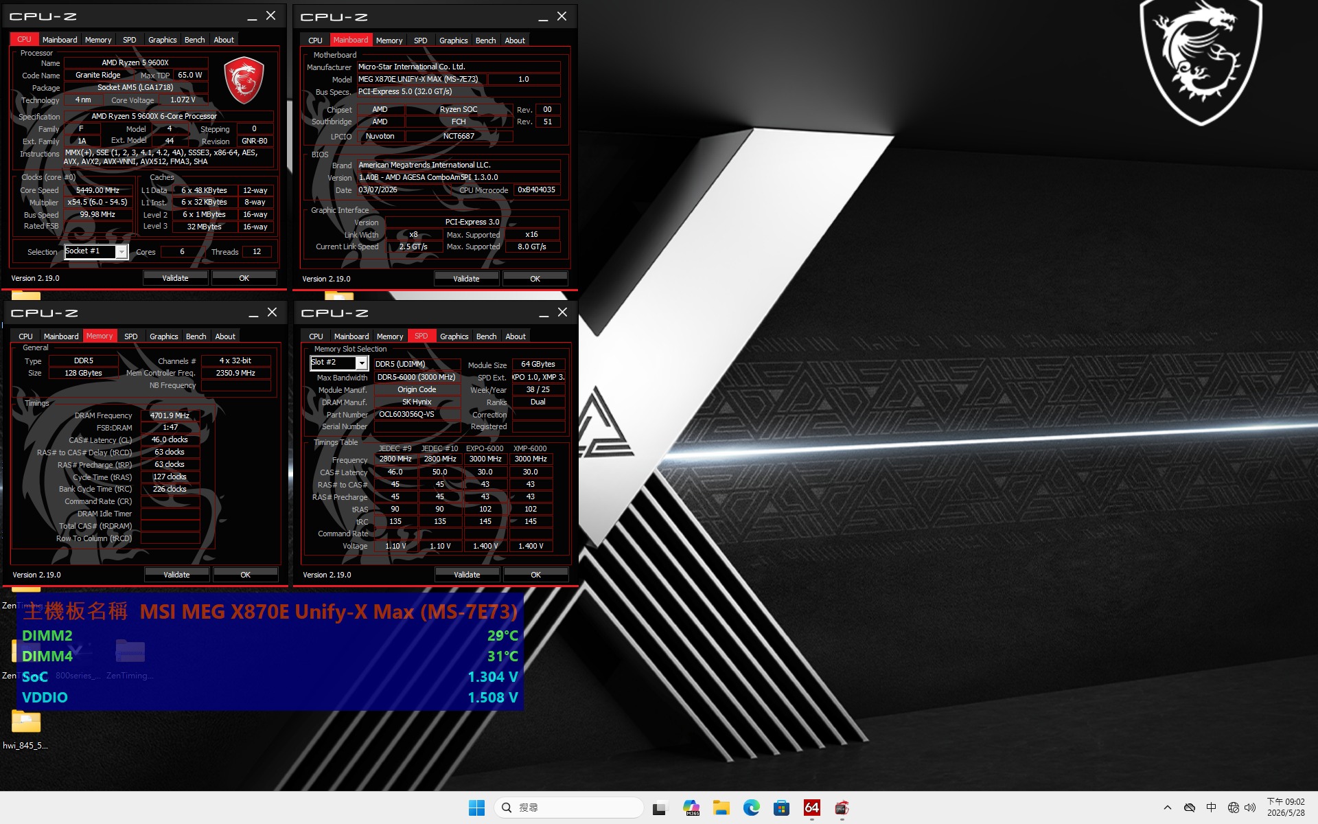 Four CPU-Z windows display specifications of an AMD Ryzen 9 5900X on an MSI MEG X870E Unify-X Max (MS-7E73) motherboard with DDR5-6400 memory, alongside temperature and voltage readings.