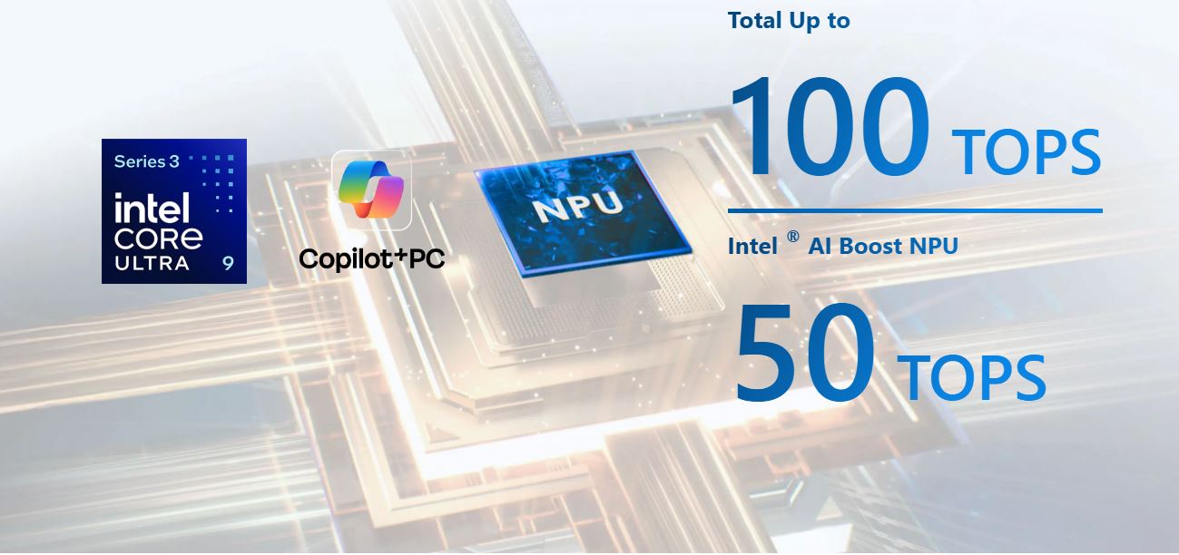 The image shows an Intel Core Ultra 9 Series 3 logo, 'Copilot+PC,' an NPU graphic, and text stating 'Total Up to 100 TOPS' and 'Intel AI Boost NPU 50 TOPS.'