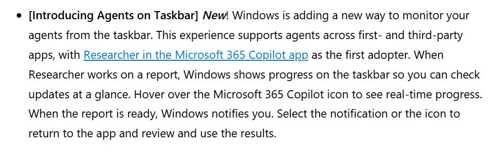 Une description textuelle présente l’arrivée des « Agents sur la barre des tâches » dans Windows, montrant l’app Microsoft 365 Copilot comme premier adopteur, permettant de suivre les agents et de recevoir des notifications directement depuis la barre des tâches.