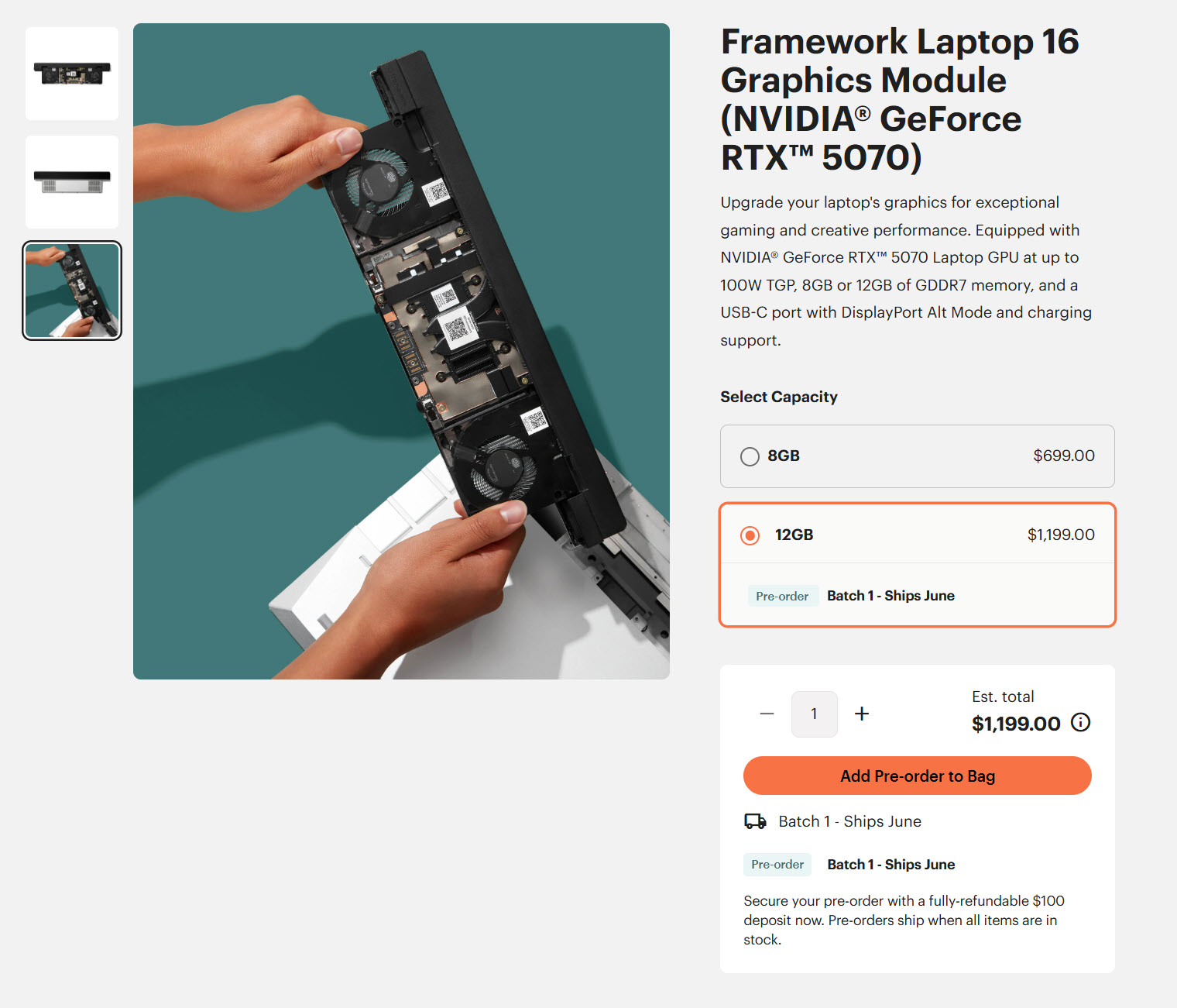 Deux mains tiennent le module graphique Framework Laptop 16 (NVIDIA GeForce RTX 5070) avec l’option 12 Go visible à 1,199.00 € sur le panneau de droite.