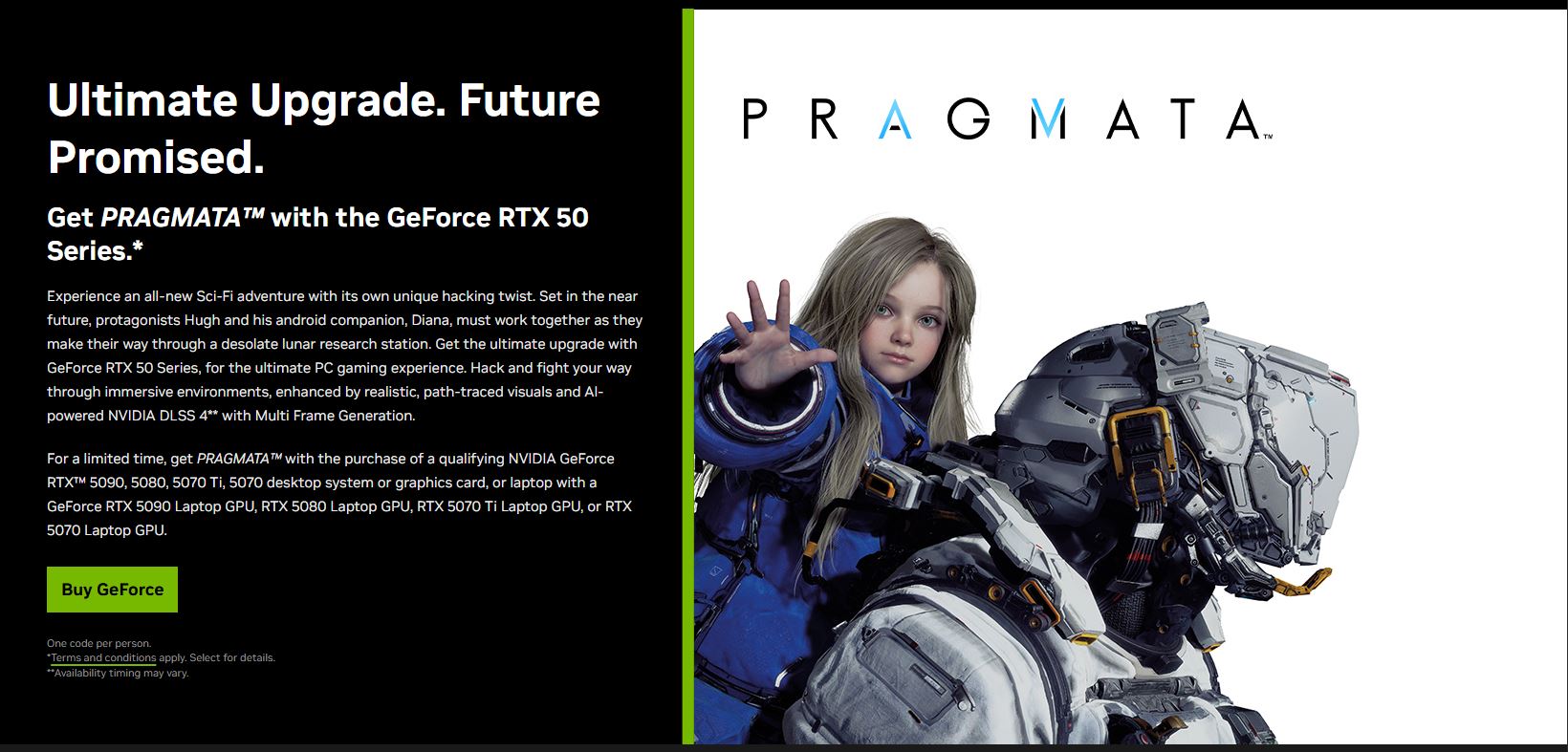 Visuel promotionnel de PRAGMATA avec une enfant en combinaison bleue à côté d’une silhouette futuriste en armure, et un message sur les GeForce RTX 50 pour une meilleure expérience de jeu.