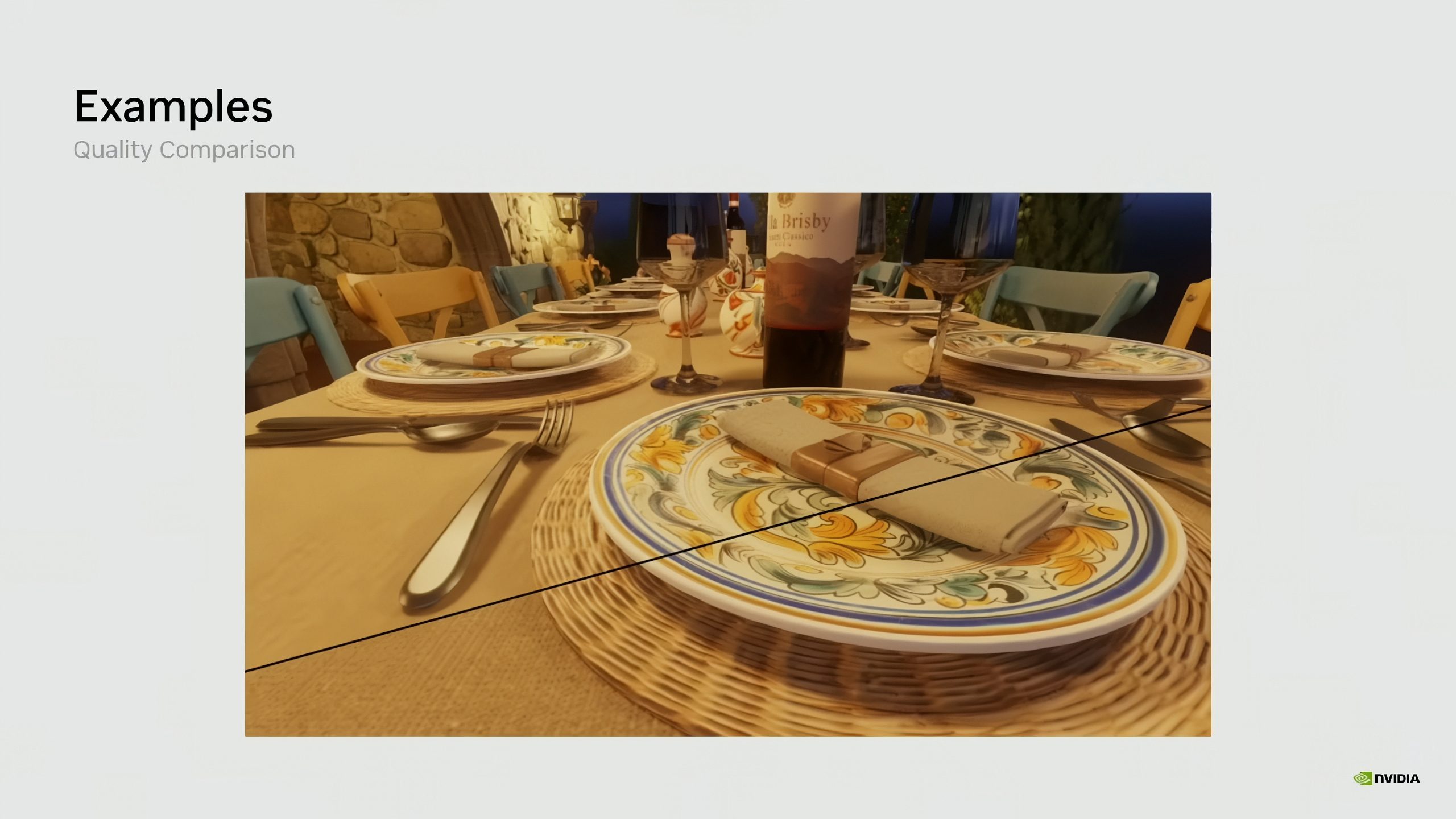 An image titled 'Examples Quality Comparison' shows a side-by-side visual quality comparison of a dinner table set, with NVIDIA logo in the lower right corner.