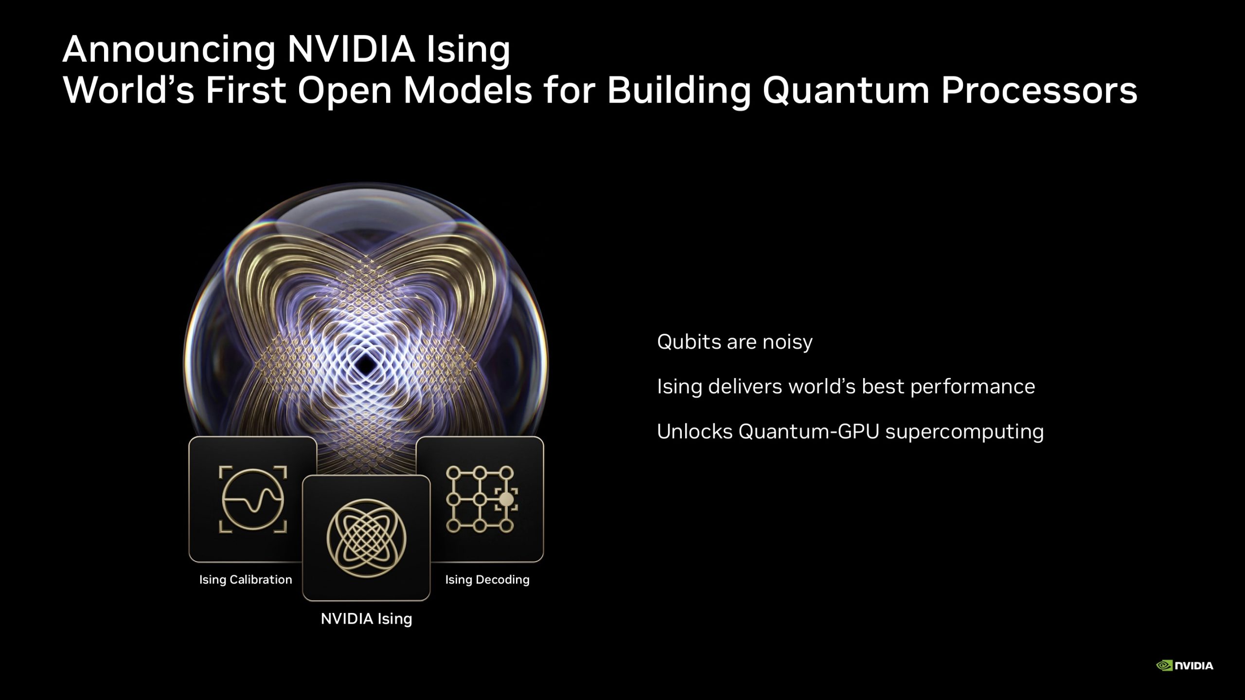 A presentation slide titled 'Announcing NVIDIA Ising' describes it as the world's first open models for building quantum processors, highlighting features like 'Ising Calibration,' 'Ising Decoding,' and benefits such as delivering the world's best performance and unlocking quantum-GPU supercomputing.