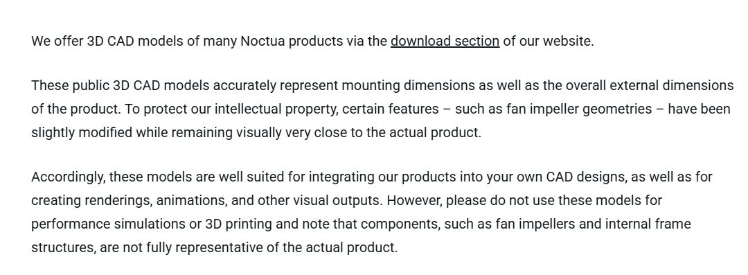 Text detailing Noctua's offer of downloadable 3D CAD models of their products for integration into CAD designs.
