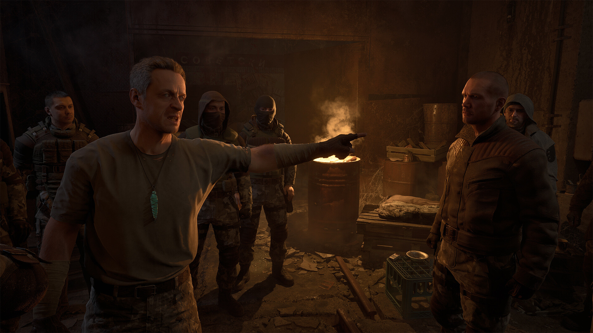 A scene from the game S.T.A.L.K.E.R. 2: Heart of Chernobyl shows a character pointing aggressively at another in a dimly lit, post-apocalyptic setting with soldiers and a fire in a barrel.