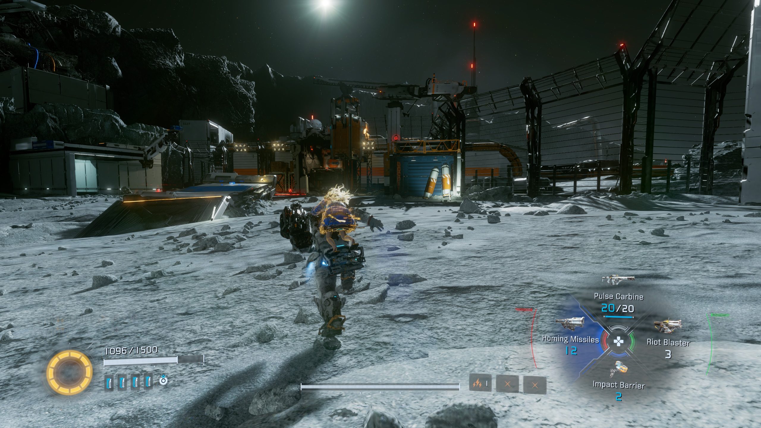 A character in PRAGMATA in a lunar landscape, displaying weapon selection options: 'Pulse Carbine 20/20', 'Homing Missiles 12', 'Riot Blaster 3', and 'Impact Barrier 2'.