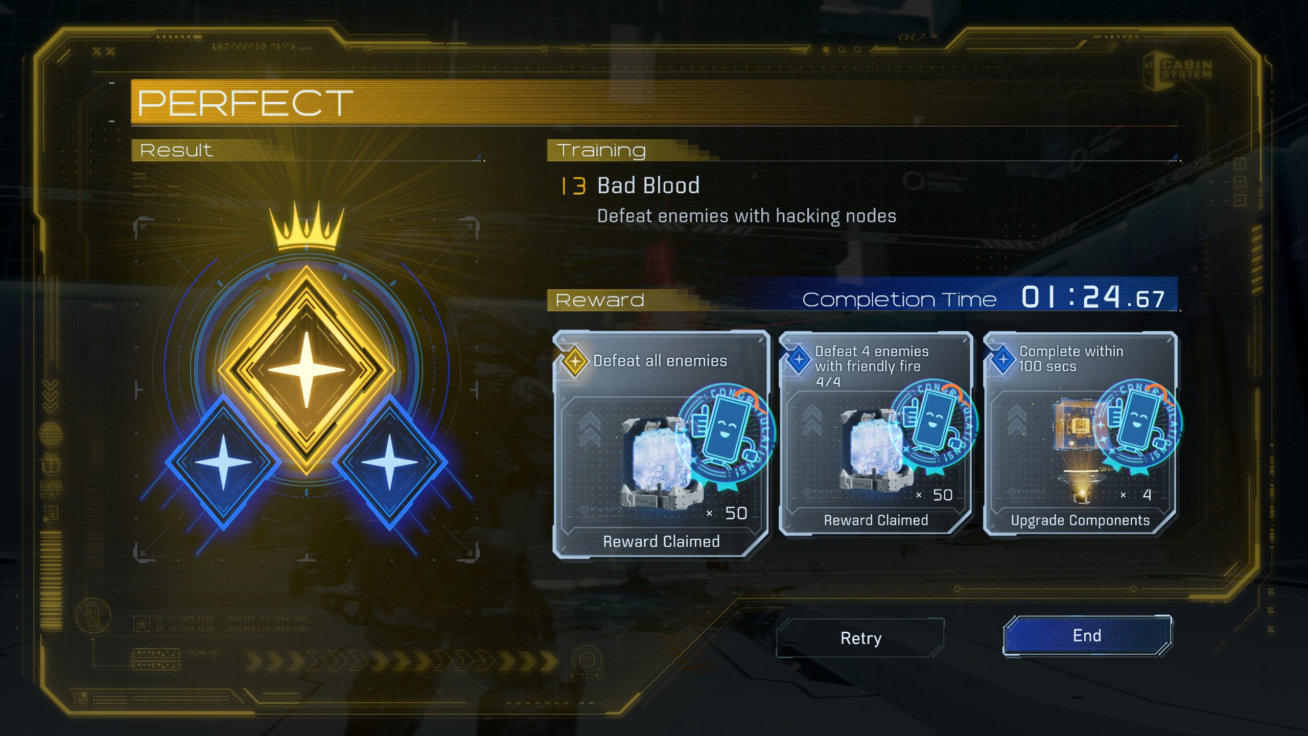PRAGMATA's interface shows a 'Perfect' result for the training mission 'Bad Blood' with objectives completed in 01:24.67, earning rewards for defeating enemies with hacking nodes.