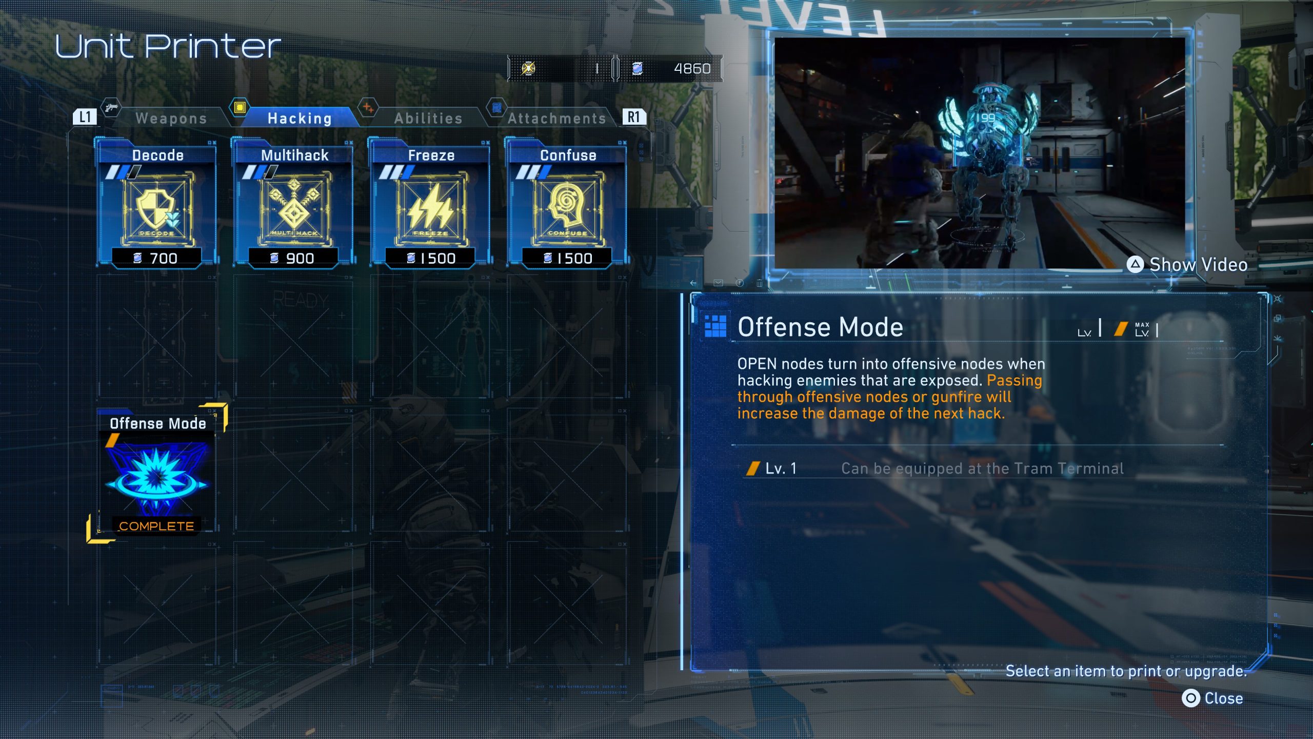 The PRAGMATA interface displays a 'Unit Printer' menu highlighting hacking abilities, including 'Decode,' 'Multihack,' 'Freeze,' and 'Confuse,' with a detailed description of 'Offense Mode' and its effects.