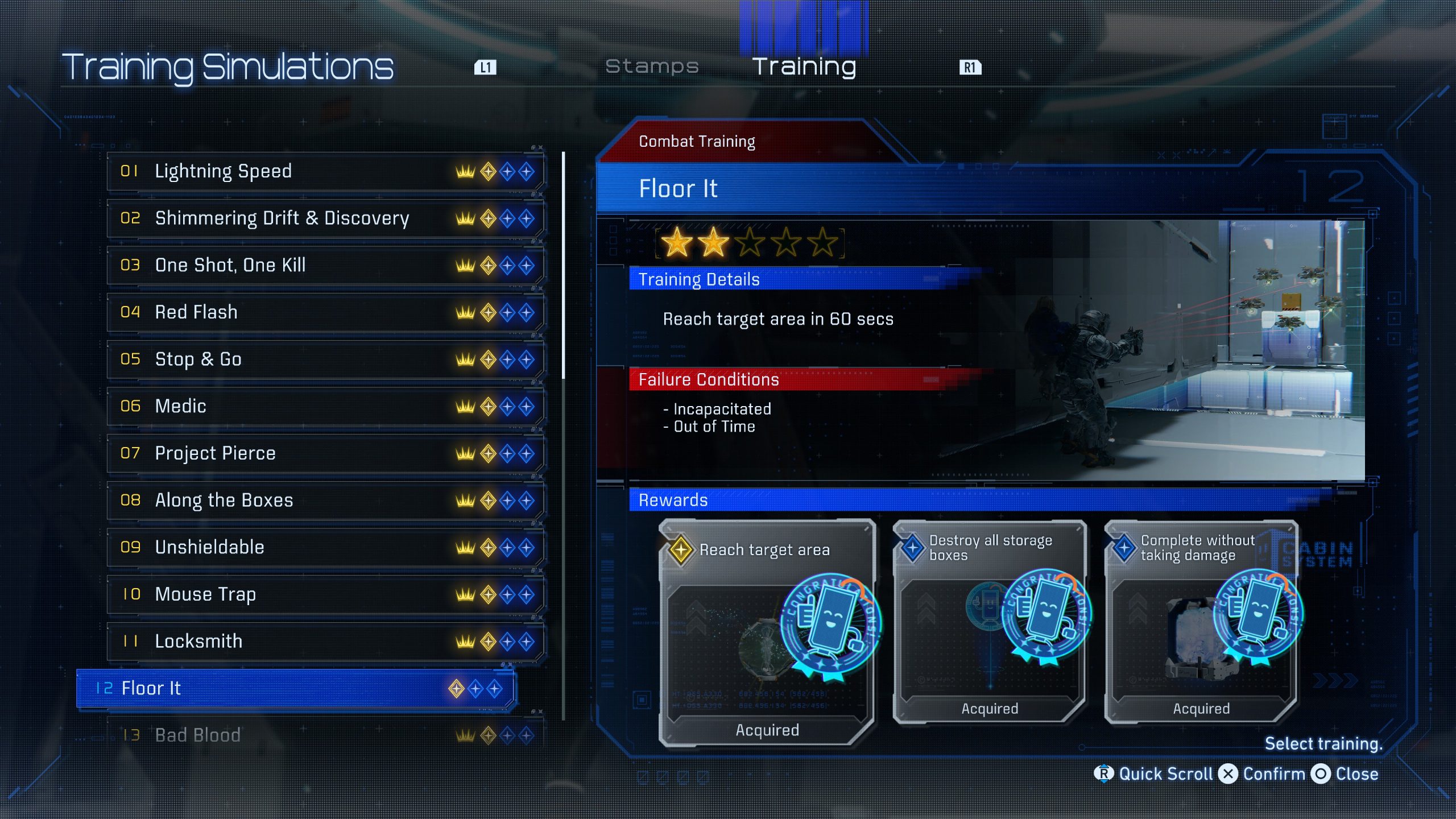 PRAGMATA inteface displaying a 'Training Simulations' menu with Floor It selected, showing three stars, training details to 'Reach target area in 60 secs,' failure conditions of being 'Incapacitated - Out of Time,' and rewards for reaching the target area and completing objectives without taking damage.