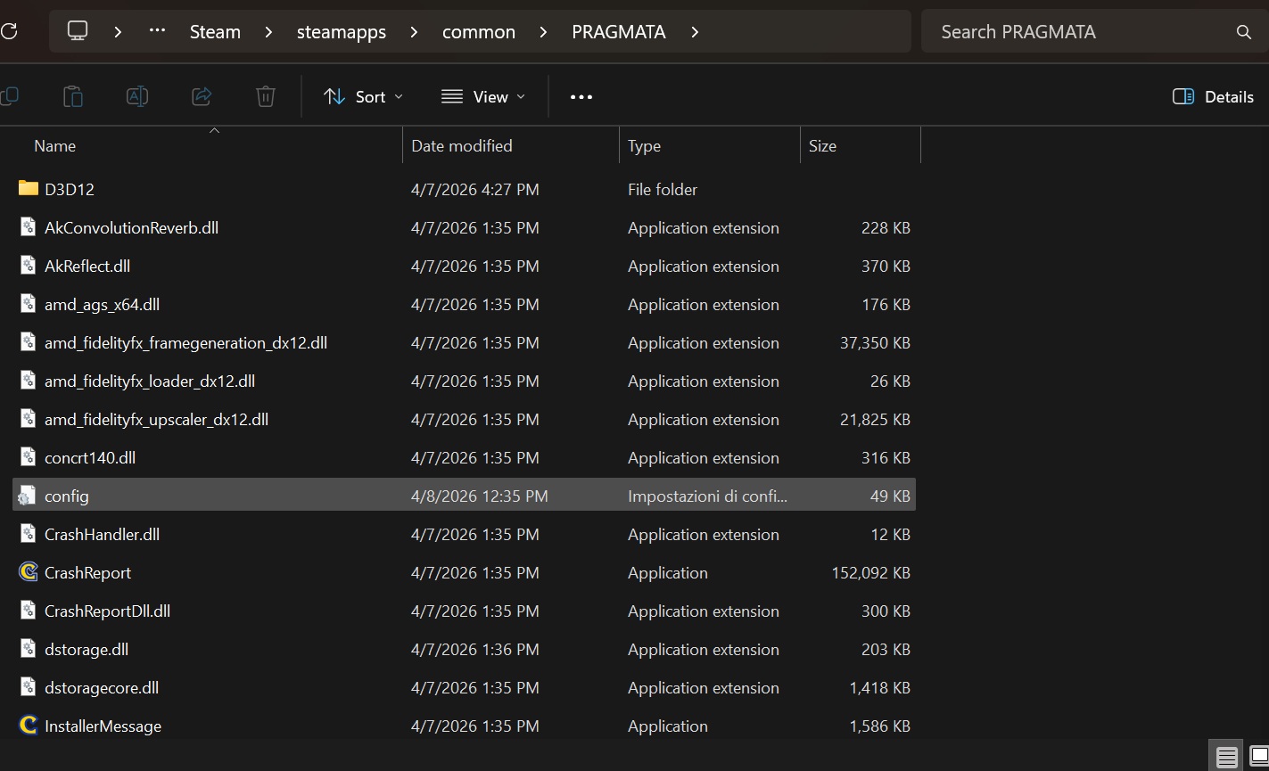 Une fenêtre de l’Explorateur Windows affichant le contenu du dossier 'PRAGMATA' dans le répertoire Steam, mettant en évidence plusieurs fichiers '.dll' liés à AMD FidelityFX.