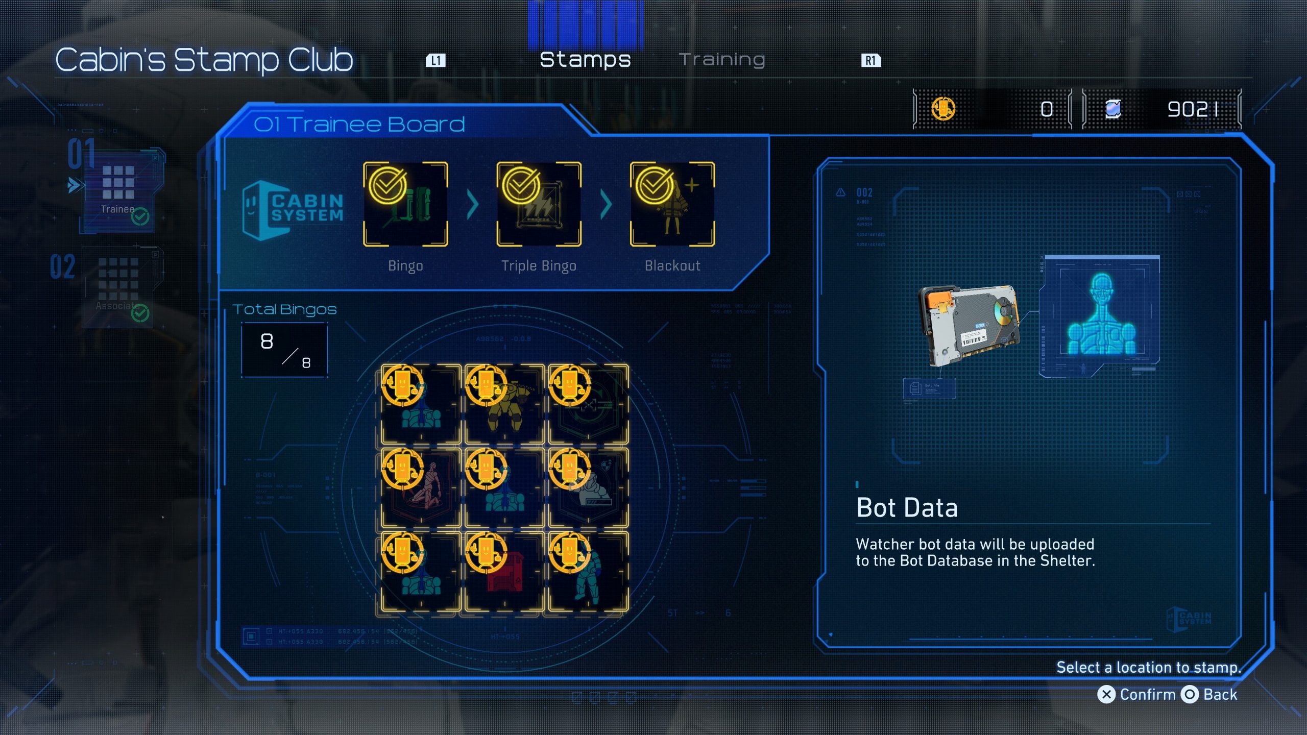A PRAGMATA interface titled 'Cabin's Stamp Club' shows the '01 Trainee Board' with all bingos achieved, and a section on the right labeled 'Bot Data' indicating bot data upload instructions.