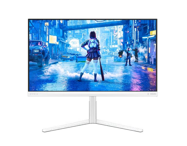 A Philips gaming monitor displays a cyberpunk-themed video game with a character in a futuristic city holding a weapon and wearing thigh-high boots.