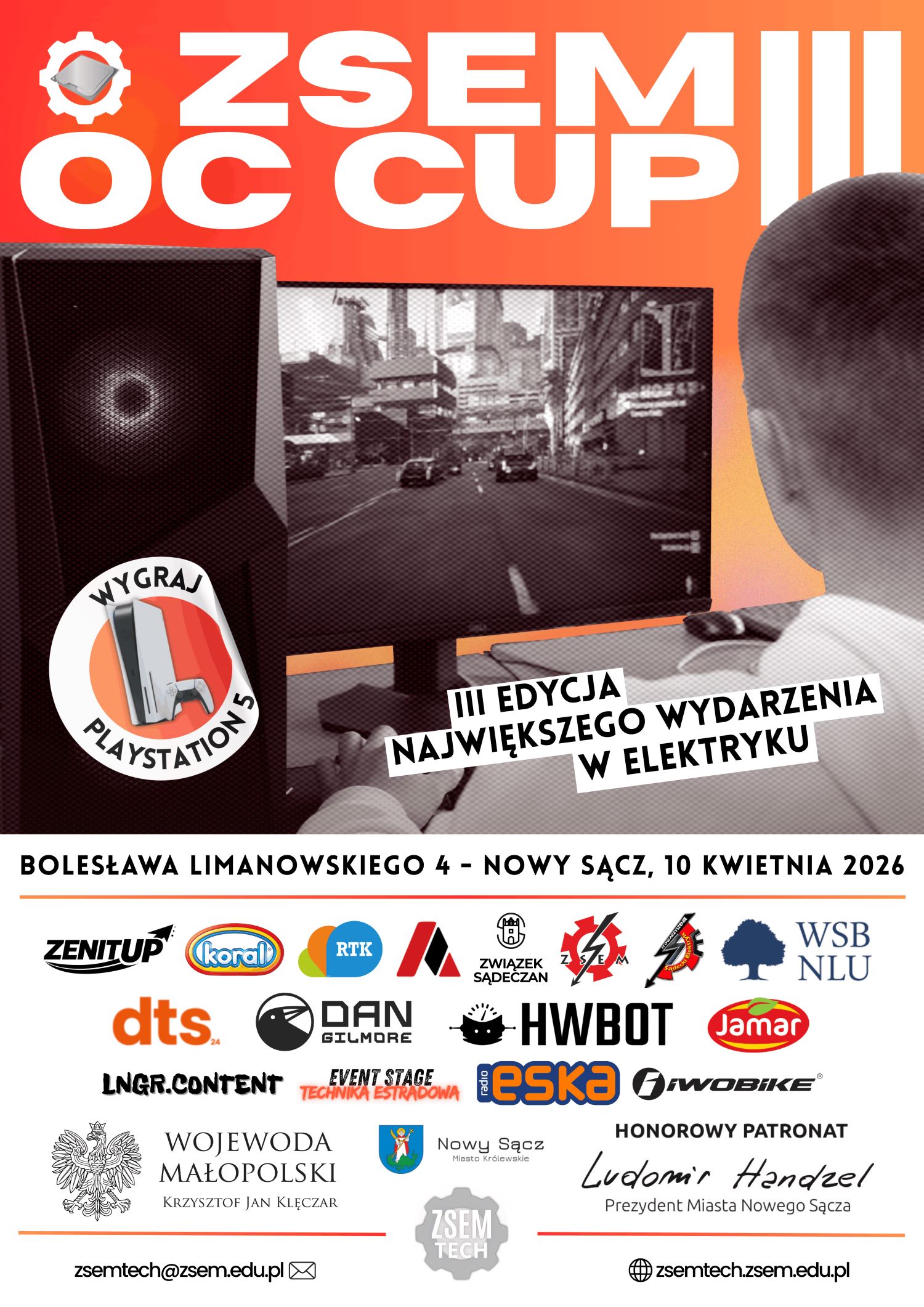 A promotional poster for the 'ZSEM OC CUP III' event, showing a person playing a driving game on a monitor, with the text 'Wygraj PlayStation 5' and multiple sponsor logos, taking place at Bolesława Limanowskiego 4, Nowy Sącz, on April 10, 2026.