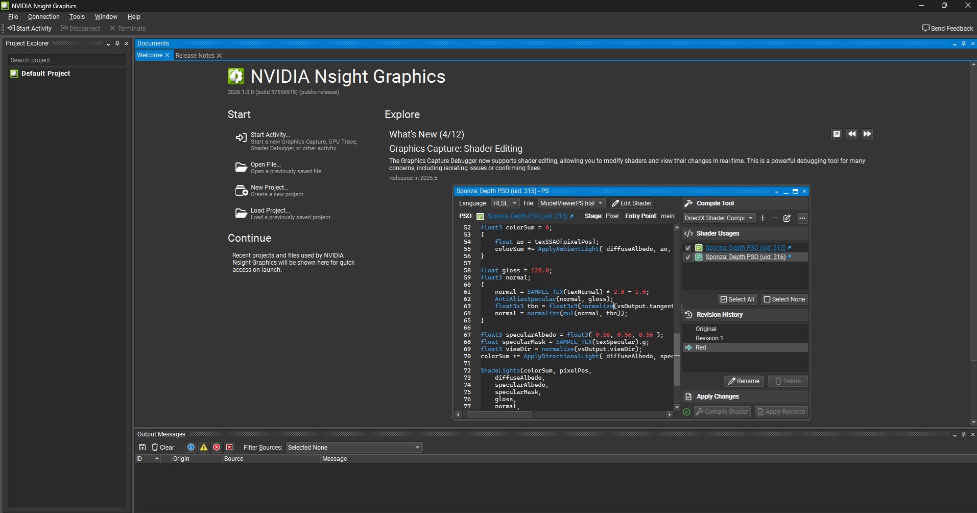 L’interface de NVIDIA Nsight Graphics présente des options d’édition de shaders avec le code affiché pour « Sponza Depth PSO ».