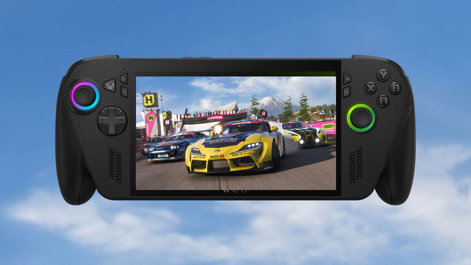 An ASUS ROG handheld gaming device displays a racing scene from the video game series 'Forza Horizon.'