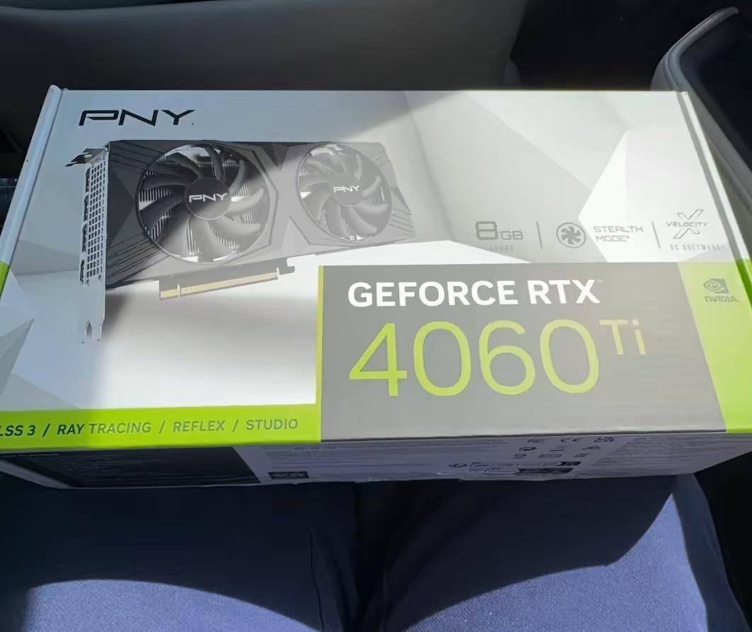 A box for the PNY GeForce RTX 4060 Ti graphics card, featuring 8GB memory and highlighting features such as 'Stealth Mode', 'DLSS 3', 'Ray Tracing', 'Reflex', and 'Studio'.