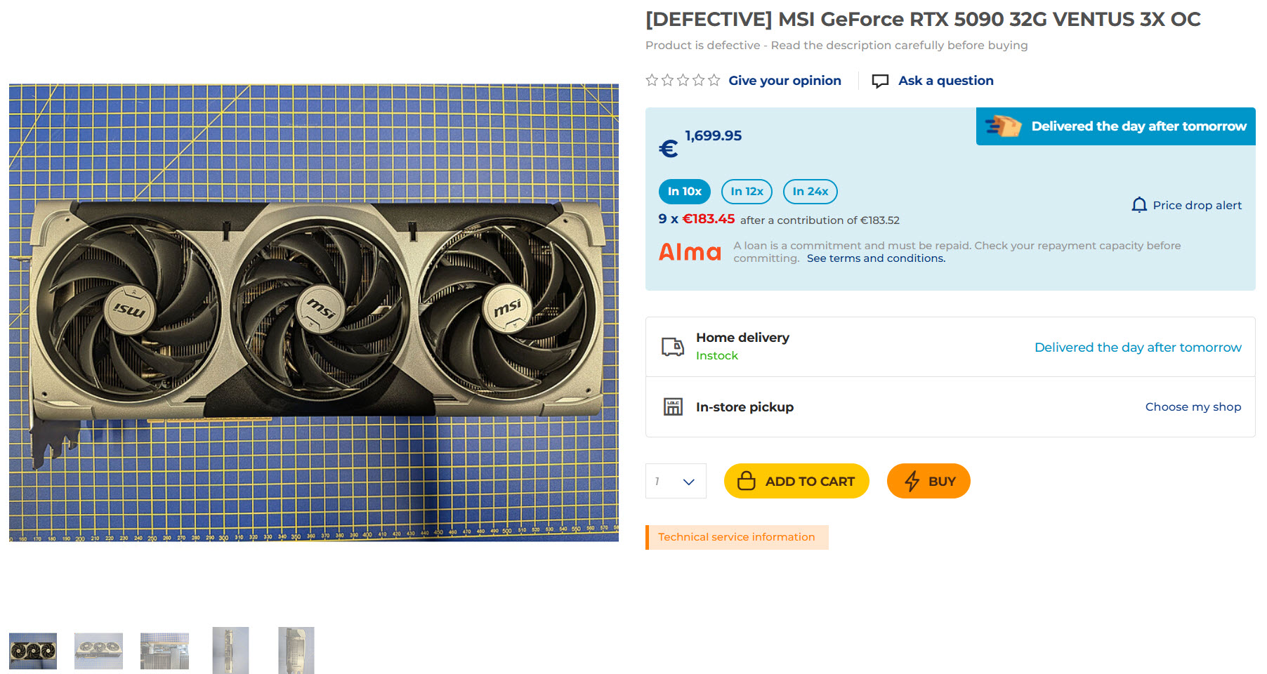 The image shows an MSI GeForce RTX 5090 32G VENTUS 3X OC graphics card labeled as 'DEFECTIVE,' with a price of €1,699.95 displayed on an online store page.