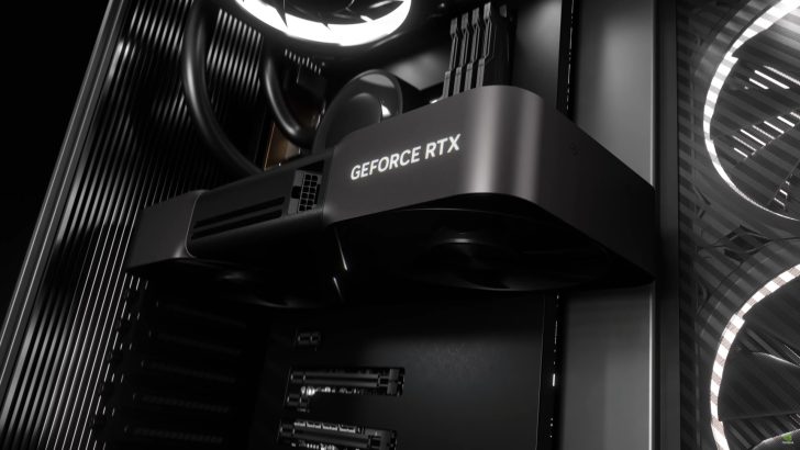 Gros plan d’une carte graphique NVIDIA GeForce RTX installée dans un boîtier.