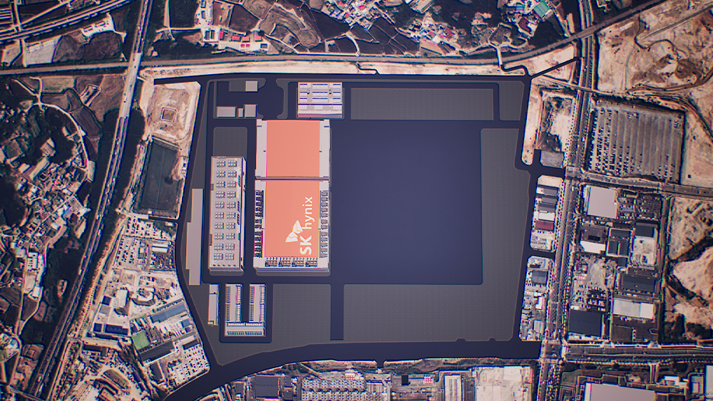 An aerial view of an SK Hynix factory complex with a prominent building labeled 'SK hynix' in white text.