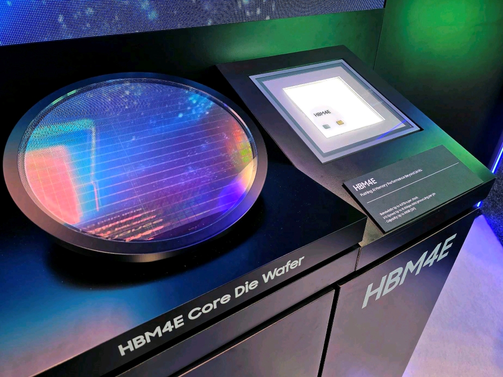 An HBM4E core die wafer displayed next to a labeled sample at a technology exhibit.