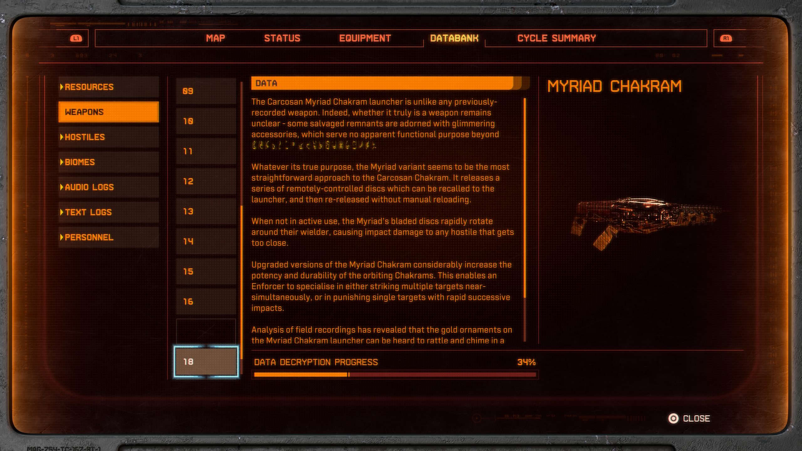 Le menu en jeu affiche l'onglet 'Databank' avec les détails du 'Myriad Chakram', description partielle et barre de progression de décryptage à 34%.