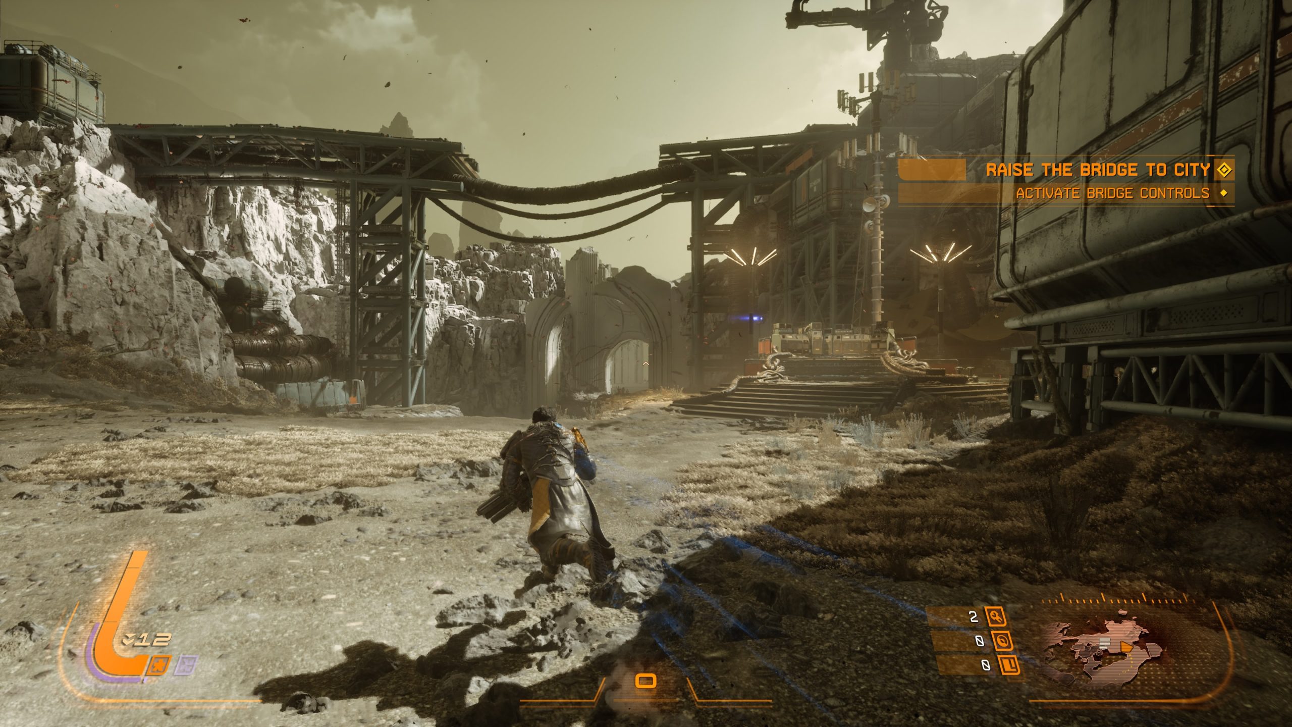 A character in the game Saros crouches near industrial structures with on-screen text reading 'RAISE THE BRIDGE TO CITY - ACTIVATE BRIDGE CONTROLS.'