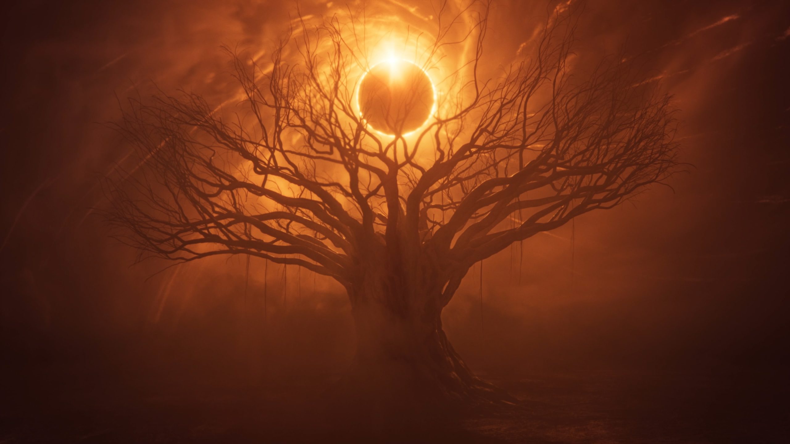 A haunting, leafless tree stands against a glowing eclipse in a scene from Saros