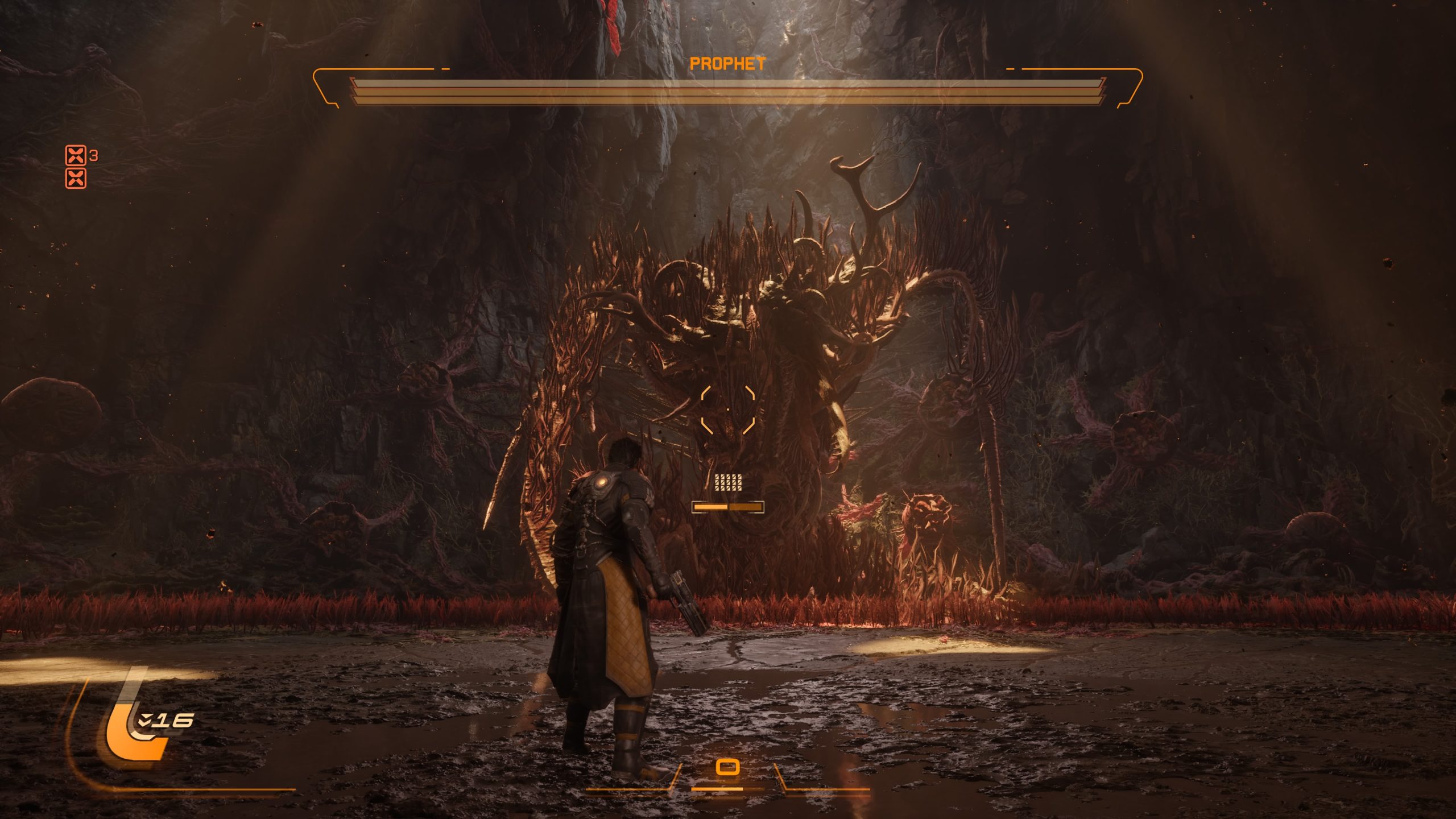 A character in a dark, cavernous Saros environment confronts a large, tree-like creature with the on-screen text 'PROPHET' displayed above.