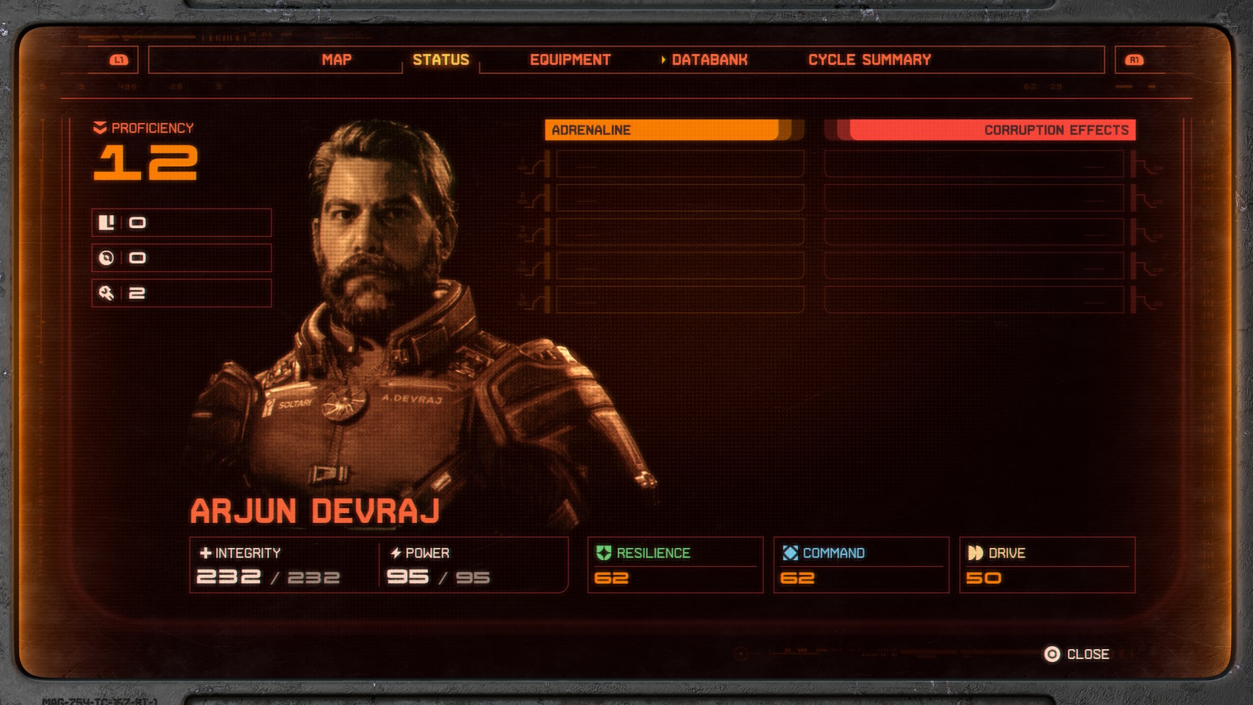 A Saros interface displays the character 'Arjun Devraj' with status bars showing 'Integrity 232/232,' 'Power 95/95,' 'Resilience 62,' 'Command 62,' and 'Drive 50,' alongside a 'Proficiency 12' label and 'Corruption Effects' highlighted at the top.