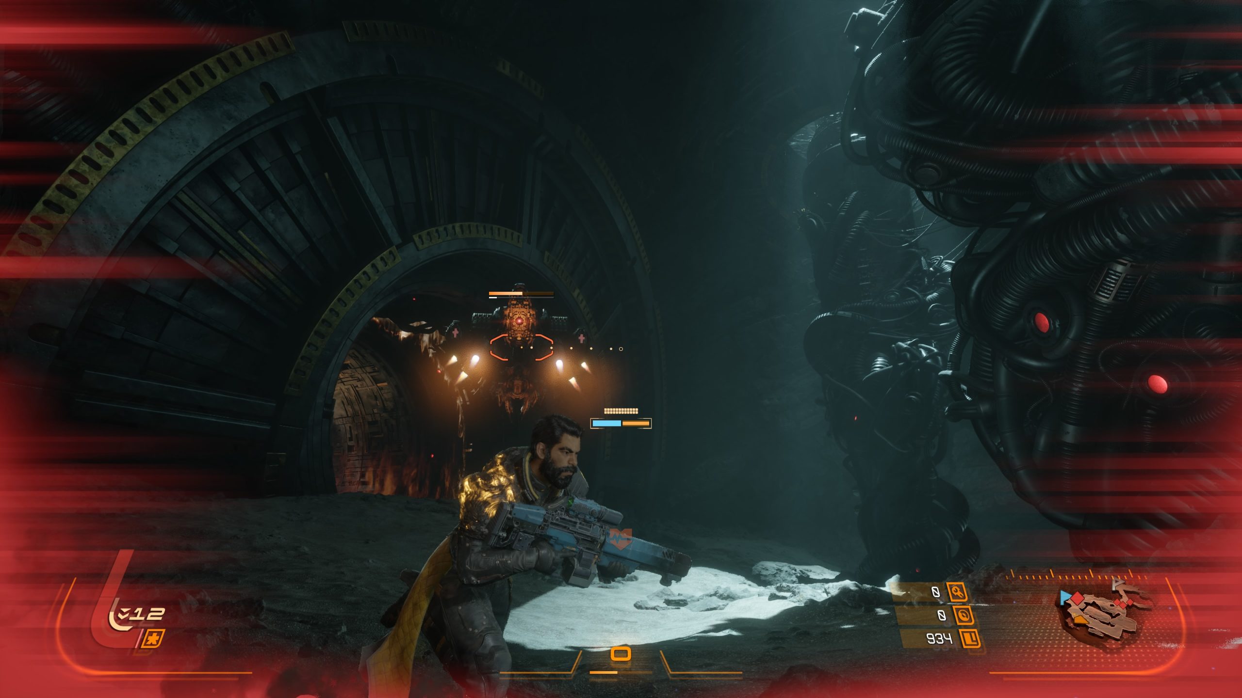 A character in the game Saros is aiming a weapon at an incoming enemy inside a dark, industrial environment with various on-screen HUD elements visible.