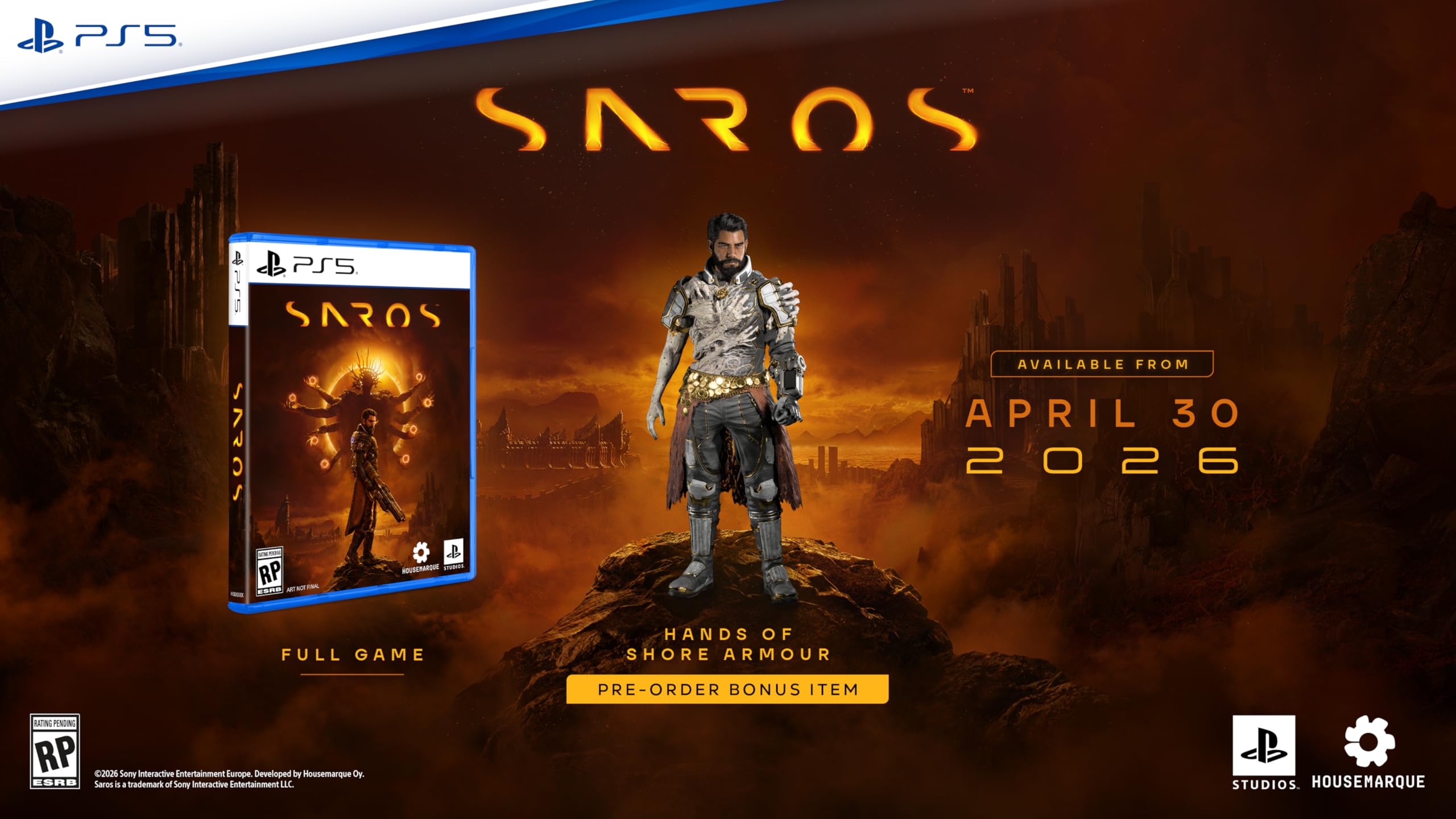 A PlayStation 5 promotional image for the game Saros by Housemarque, featuring a character in Hands of Shore Armour with a release date of 'April 30 2026'.