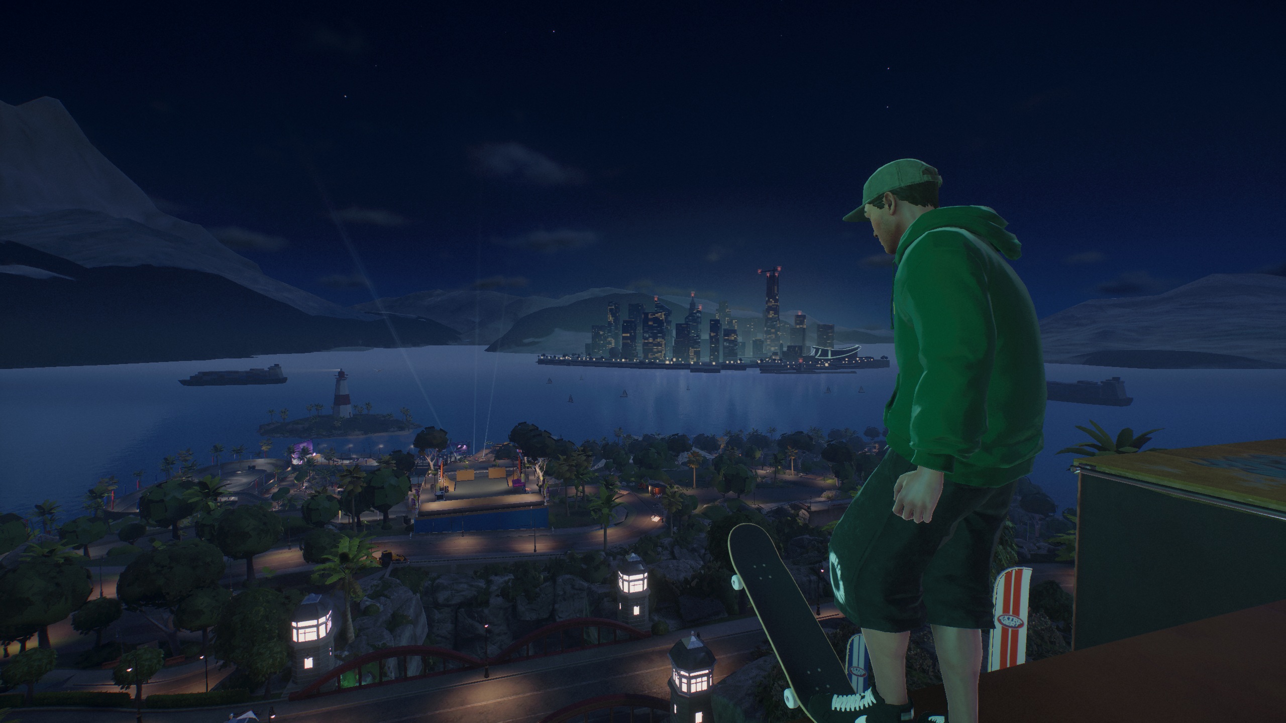 A character in green attire stands on a skateboard overlooking a coastal city with illuminated skyscrapers at night.