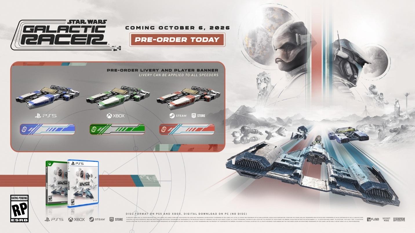 A promotional image for Star Wars Galactic Racer showing futuristic vehicles and announcing a release date of October 6, 2026, with pre-order options available for PS5, Xbox, Steam, and Epic Games Store.