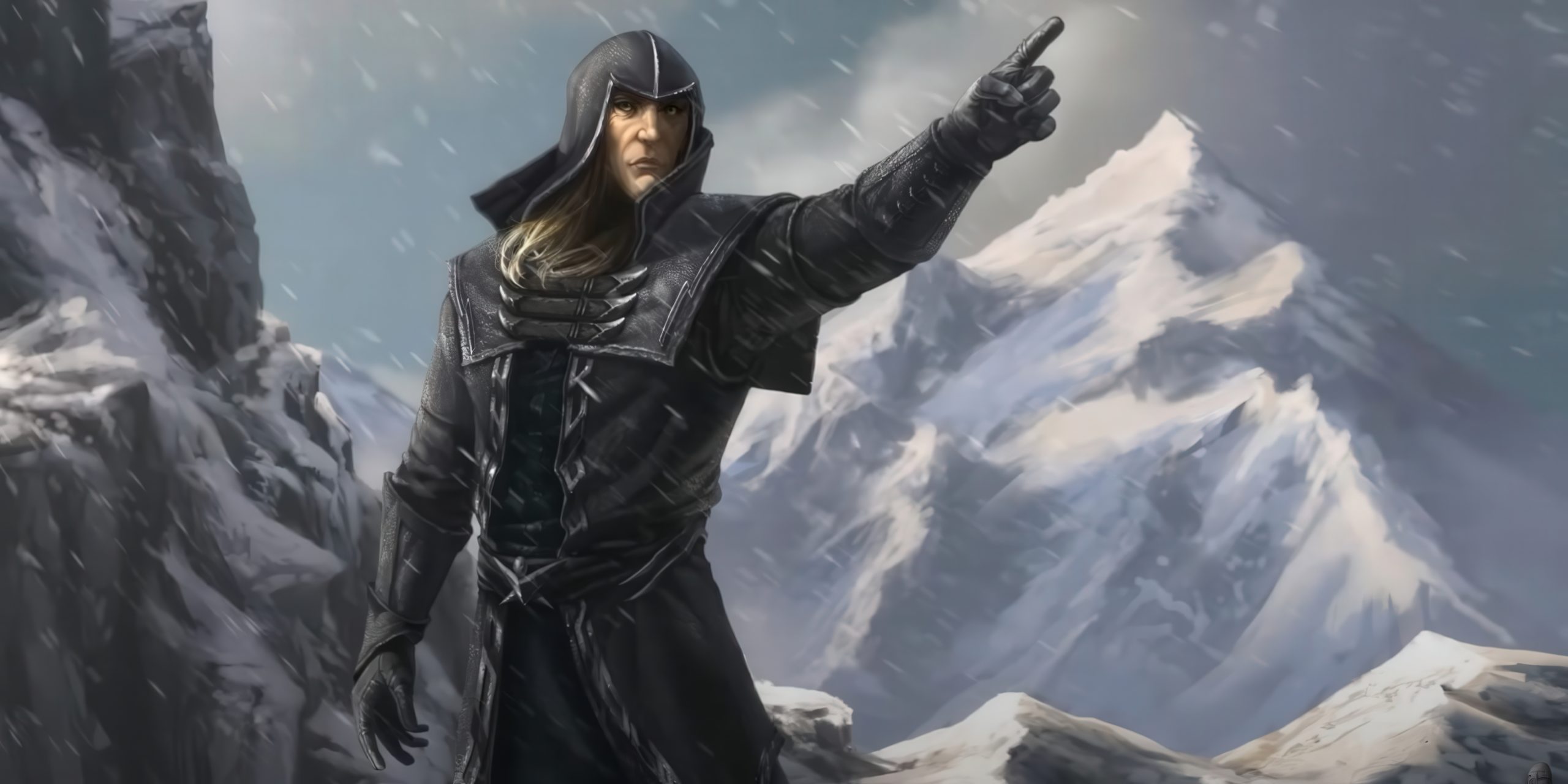 A character in a snow-covered, mountainous landscape wearing dark fantasy armor and a hood, pointing dramatically into the distance.